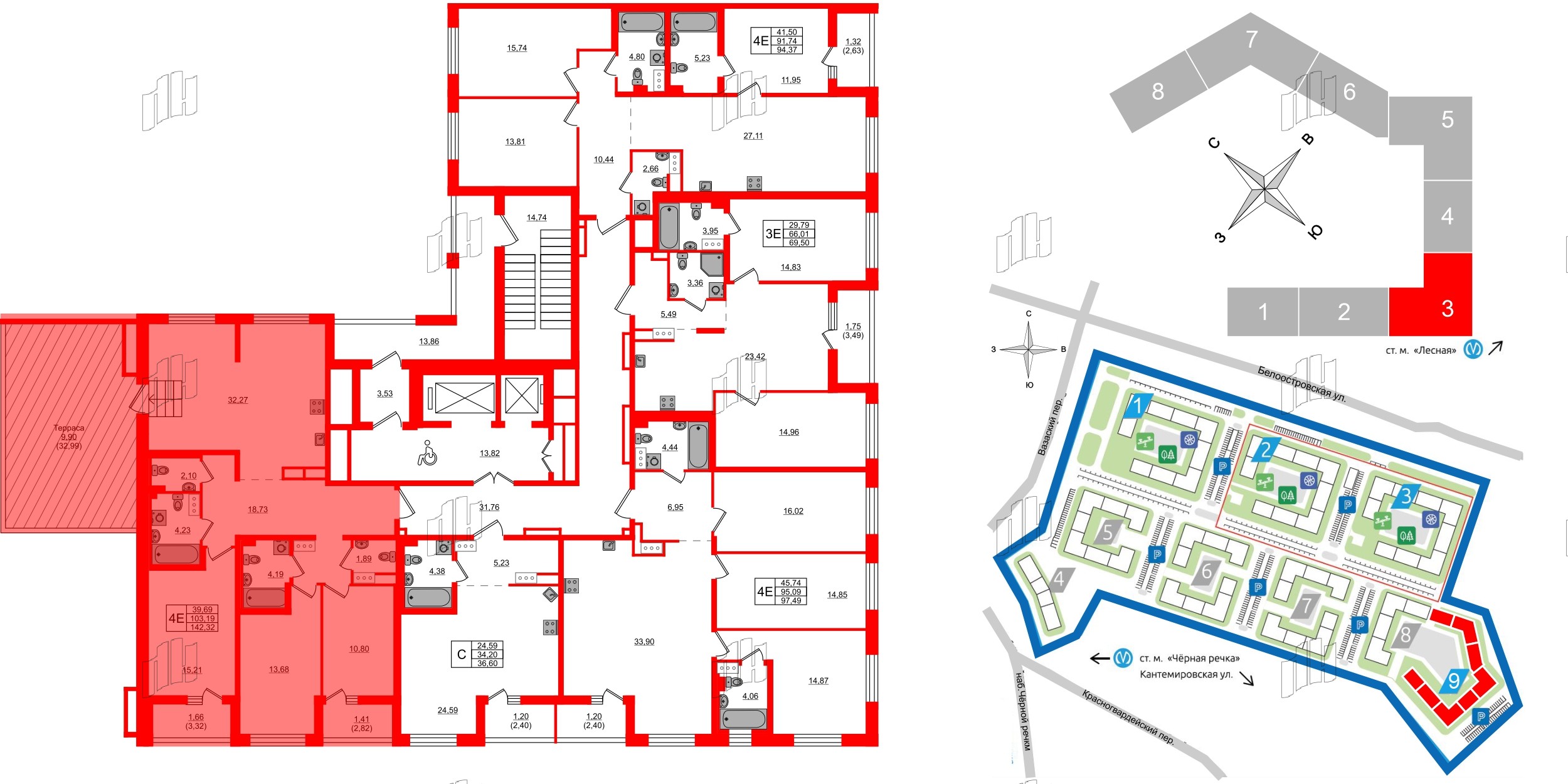 Квартира в ЖК «Черная Речка», 3 комнатная, 142.32 м², 13 этаж