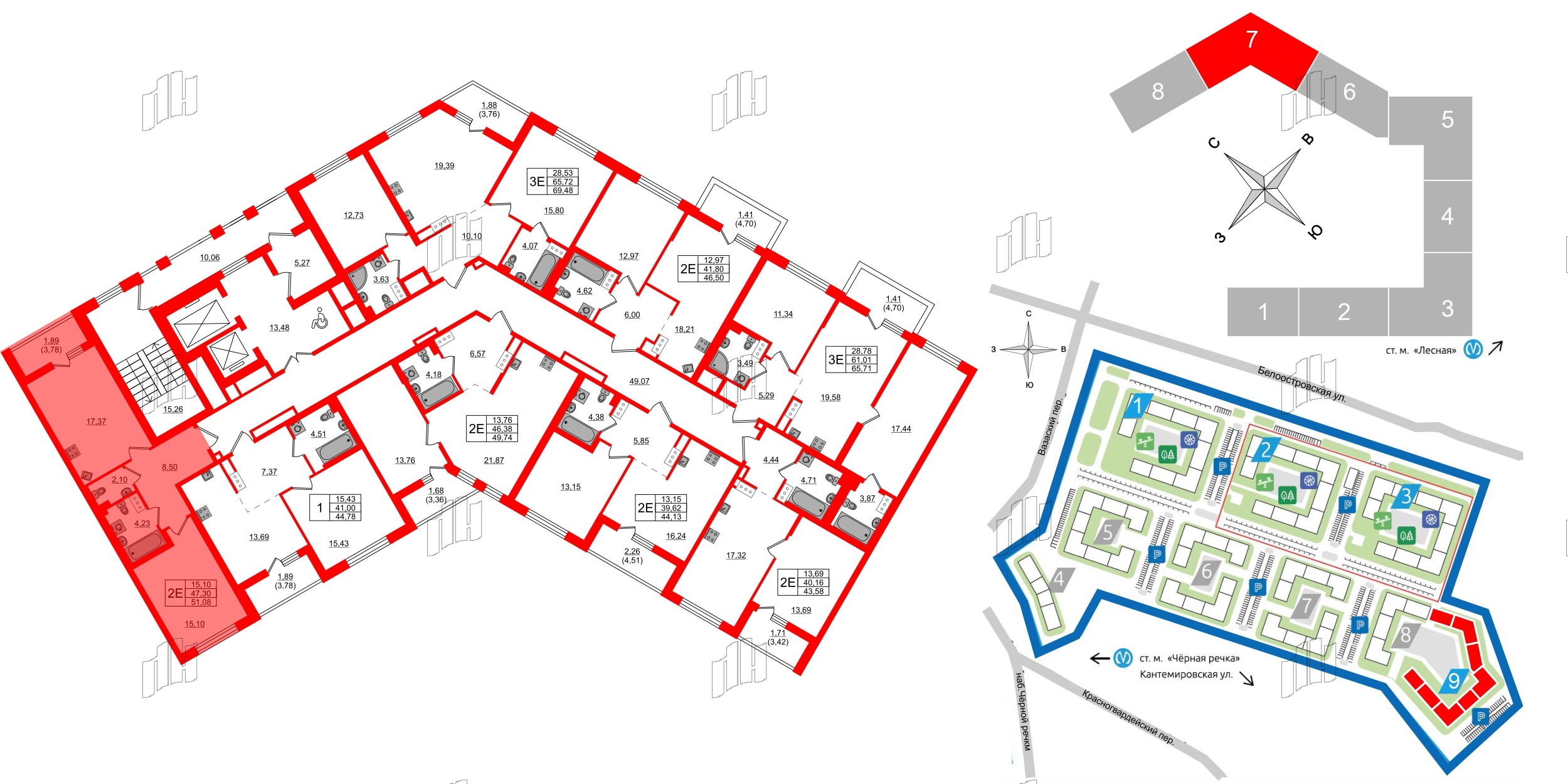 Квартира в ЖК «Черная Речка», 1 комнатная, 51.08 м², 14 этаж