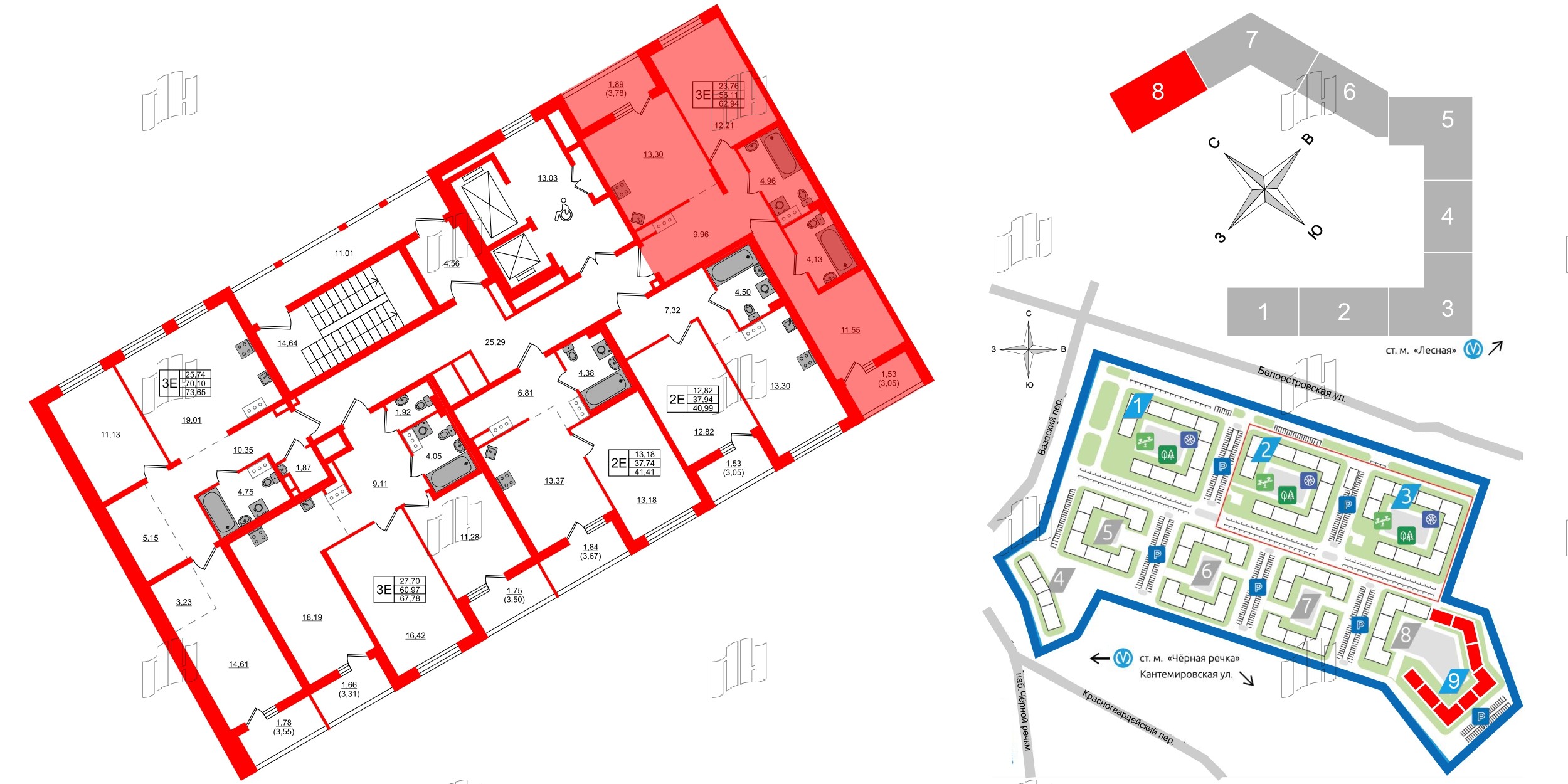Квартира в ЖК «Черная Речка», 2 комнатная, 62.94 м², 13 этаж