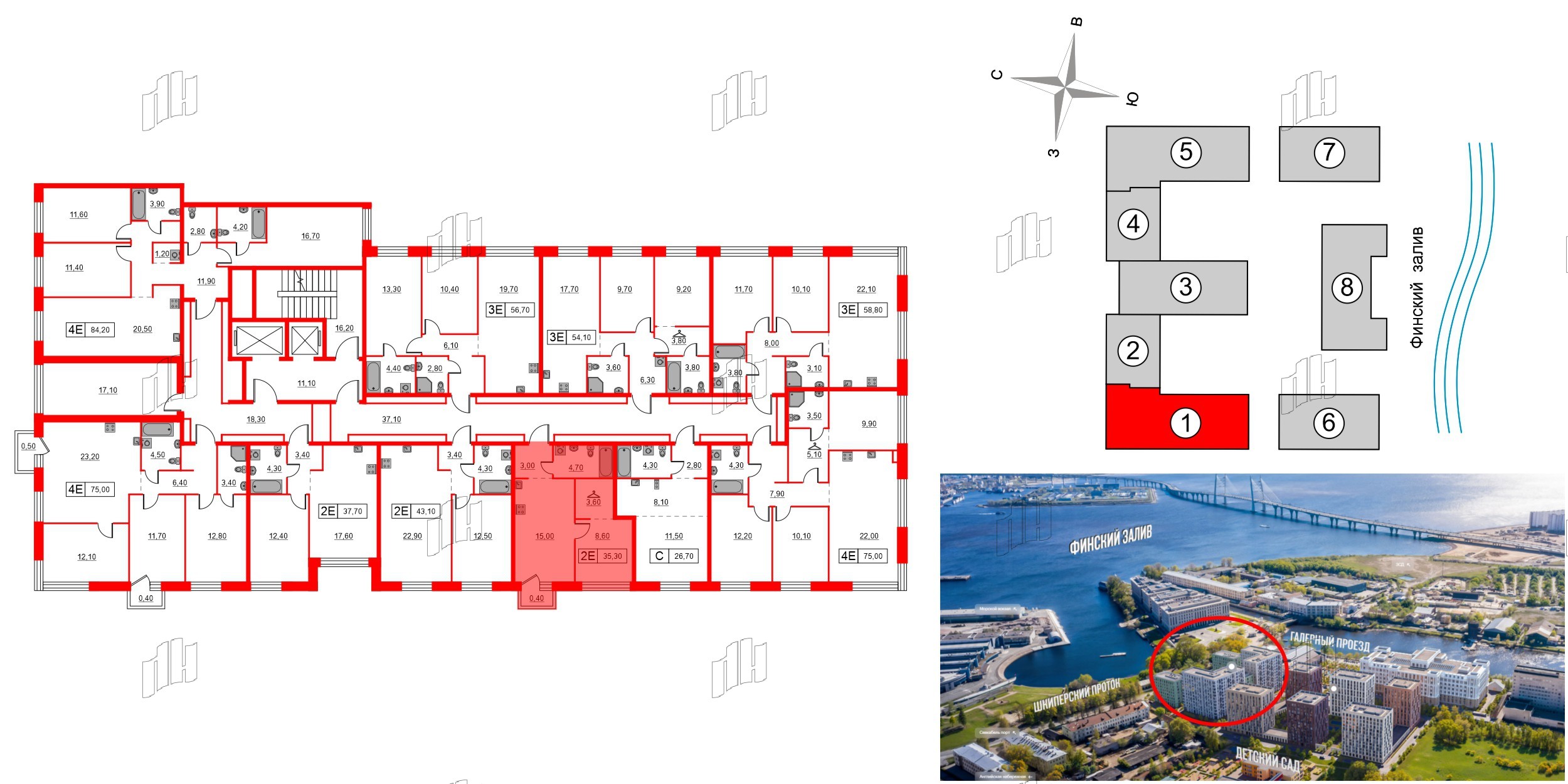 Квартира в ЖК Шкиперский, 19, 1 комнатная, 35.3 м², 2 этаж