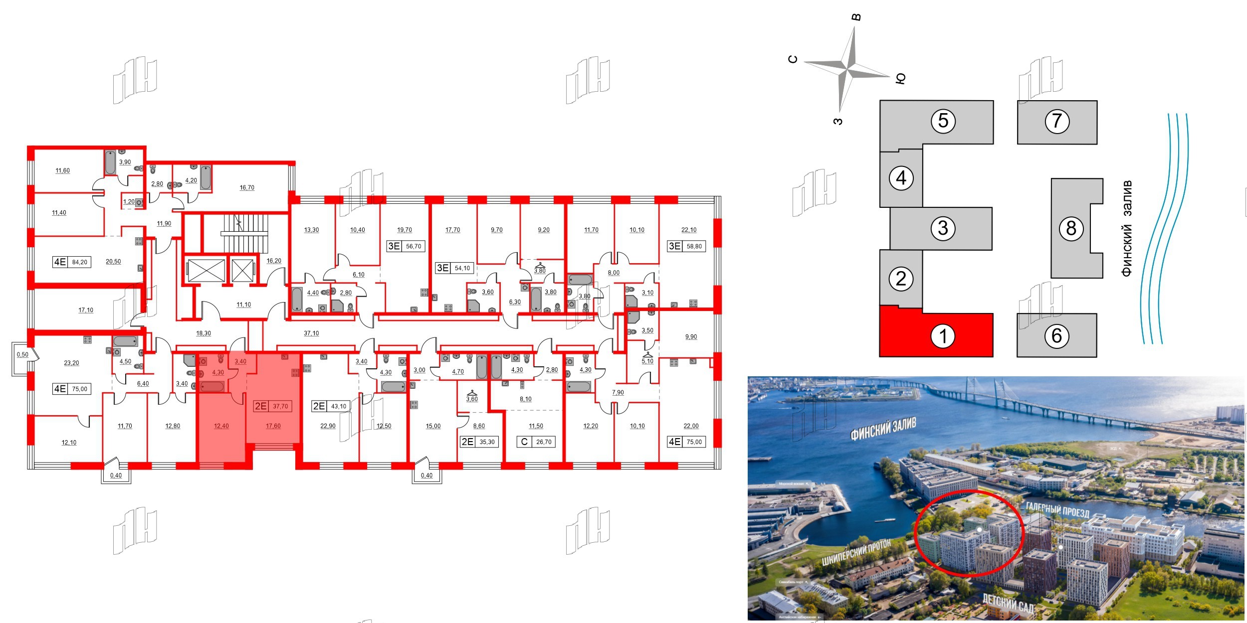 Квартира в ЖК Шкиперский, 19, 1 комнатная, 37.7 м², 2 этаж