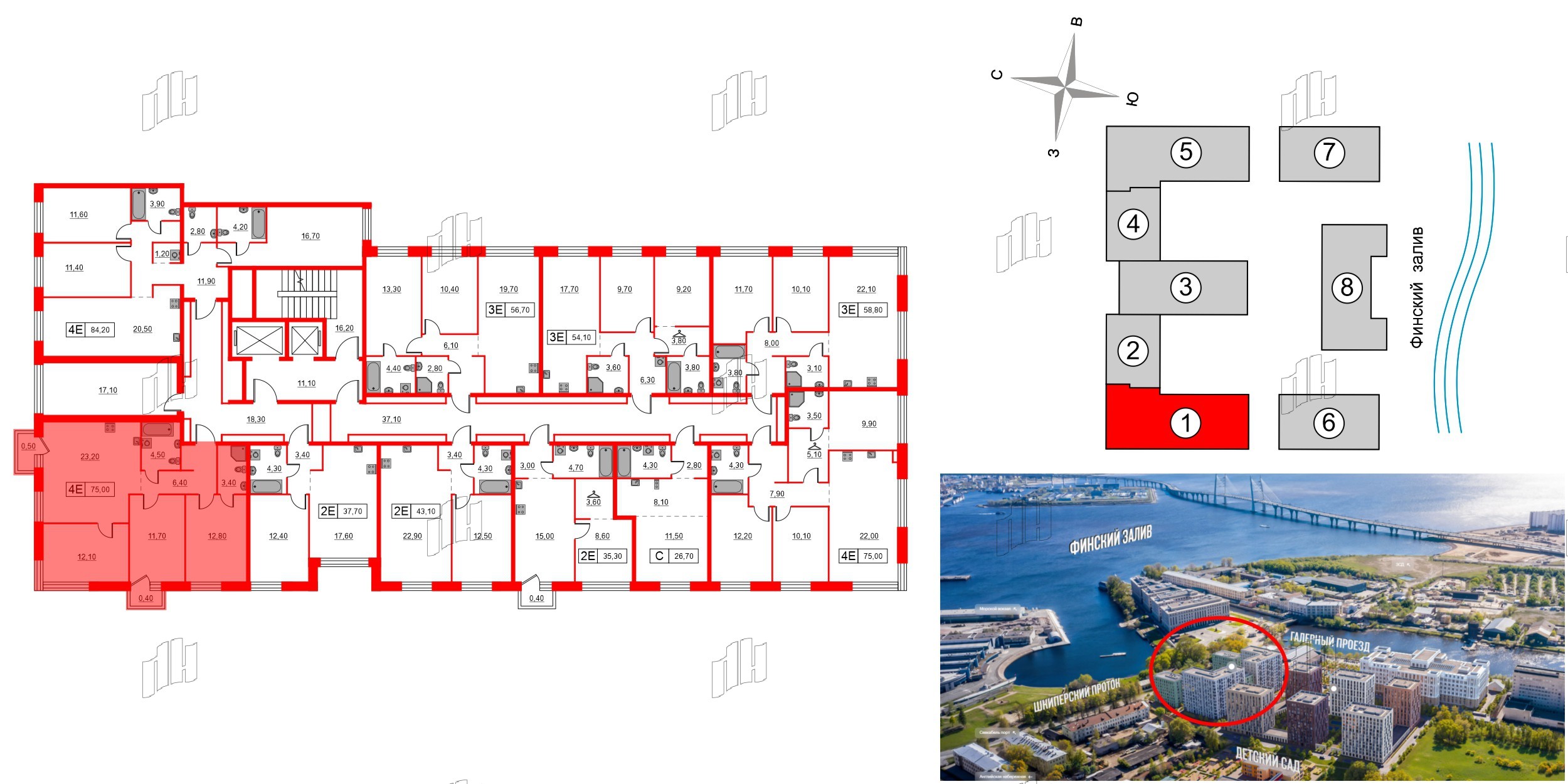 Квартира в ЖК Шкиперский, 19, 3 комнатная, 75 м², 2 этаж
