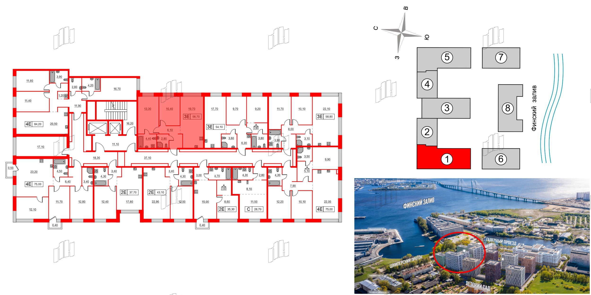Квартира в ЖК Шкиперский, 19, 2 комнатная, 56.7 м², 2 этаж