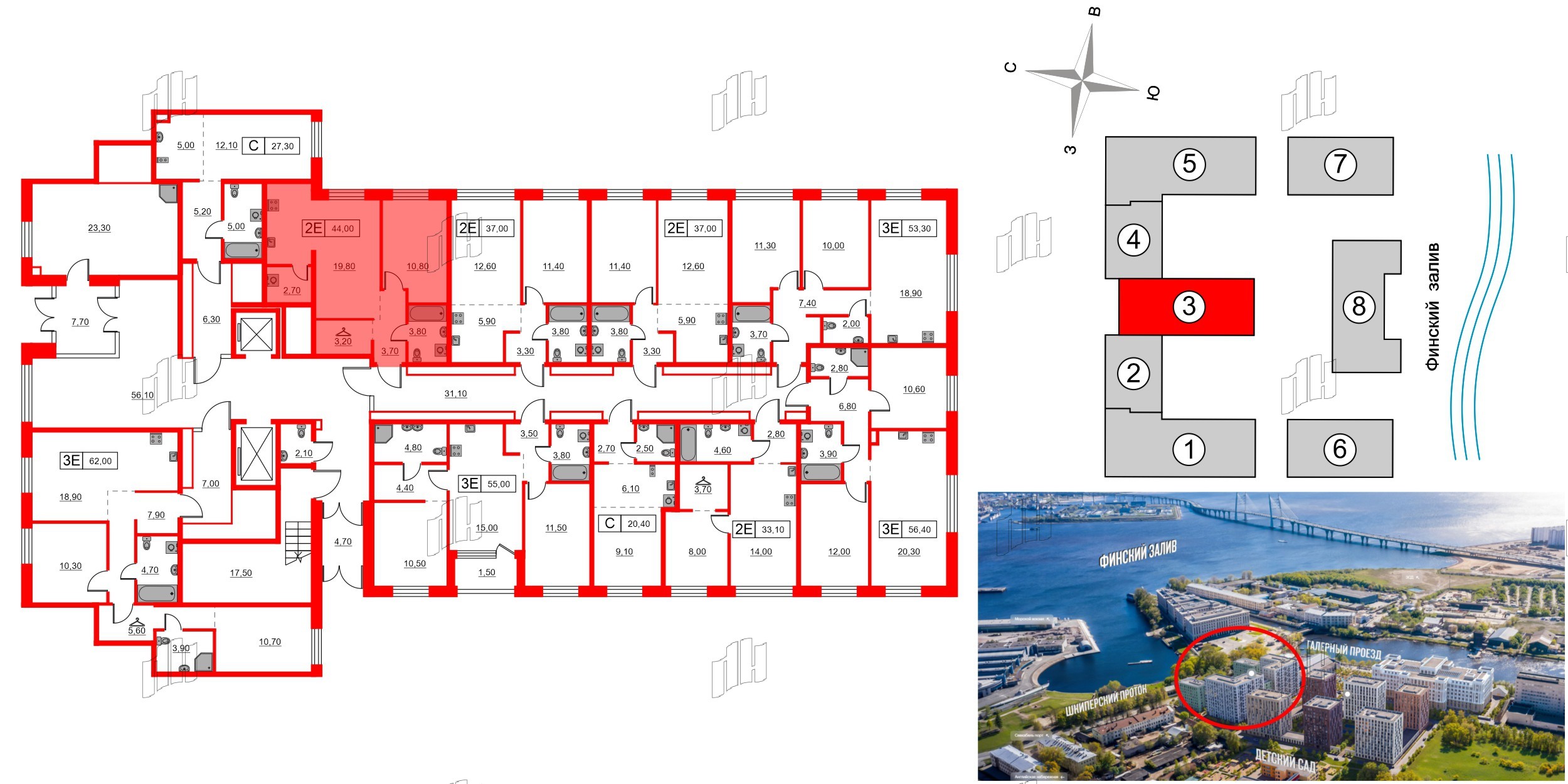 Квартира в ЖК Шкиперский, 19, 1 комнатная, 44 м², 1 этаж