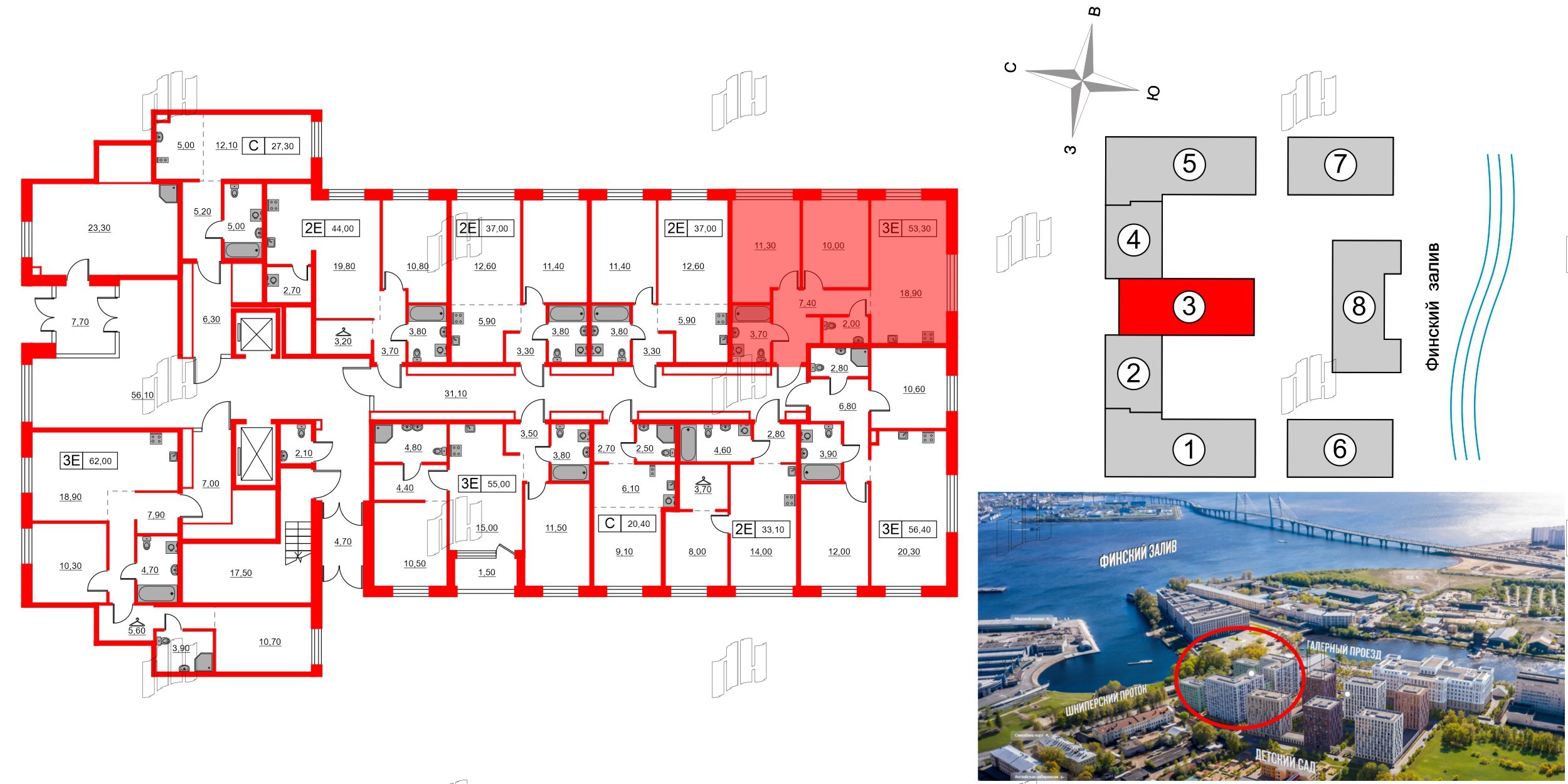 Квартира в ЖК Шкиперский, 19, 2 комнатная, 53.3 м², 1 этаж