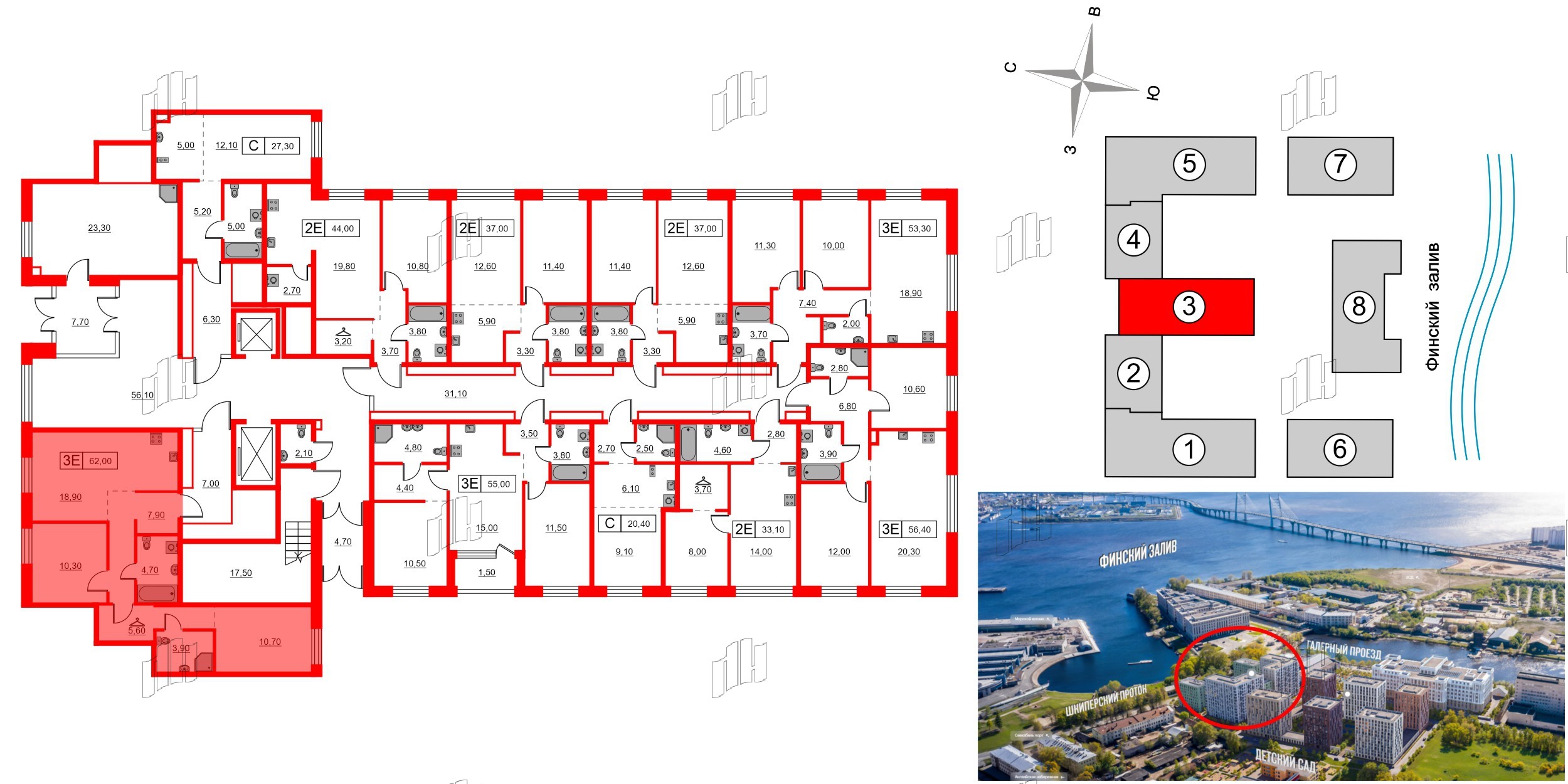 Квартира в ЖК Шкиперский, 19, 2 комнатная, 62 м², 1 этаж