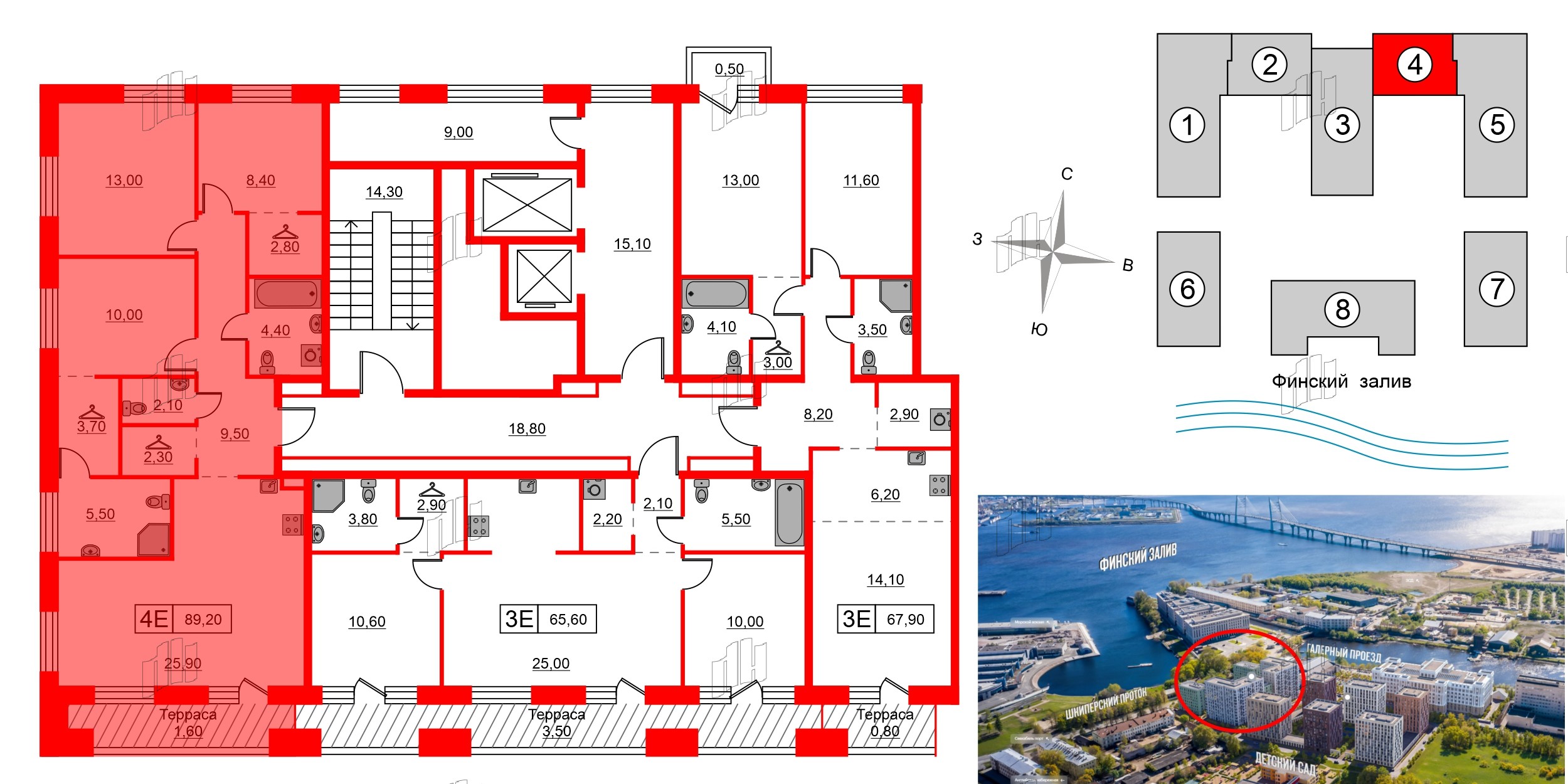 Квартира в ЖК Шкиперский, 19, 3 комнатная, 89.2 м², 12 этаж