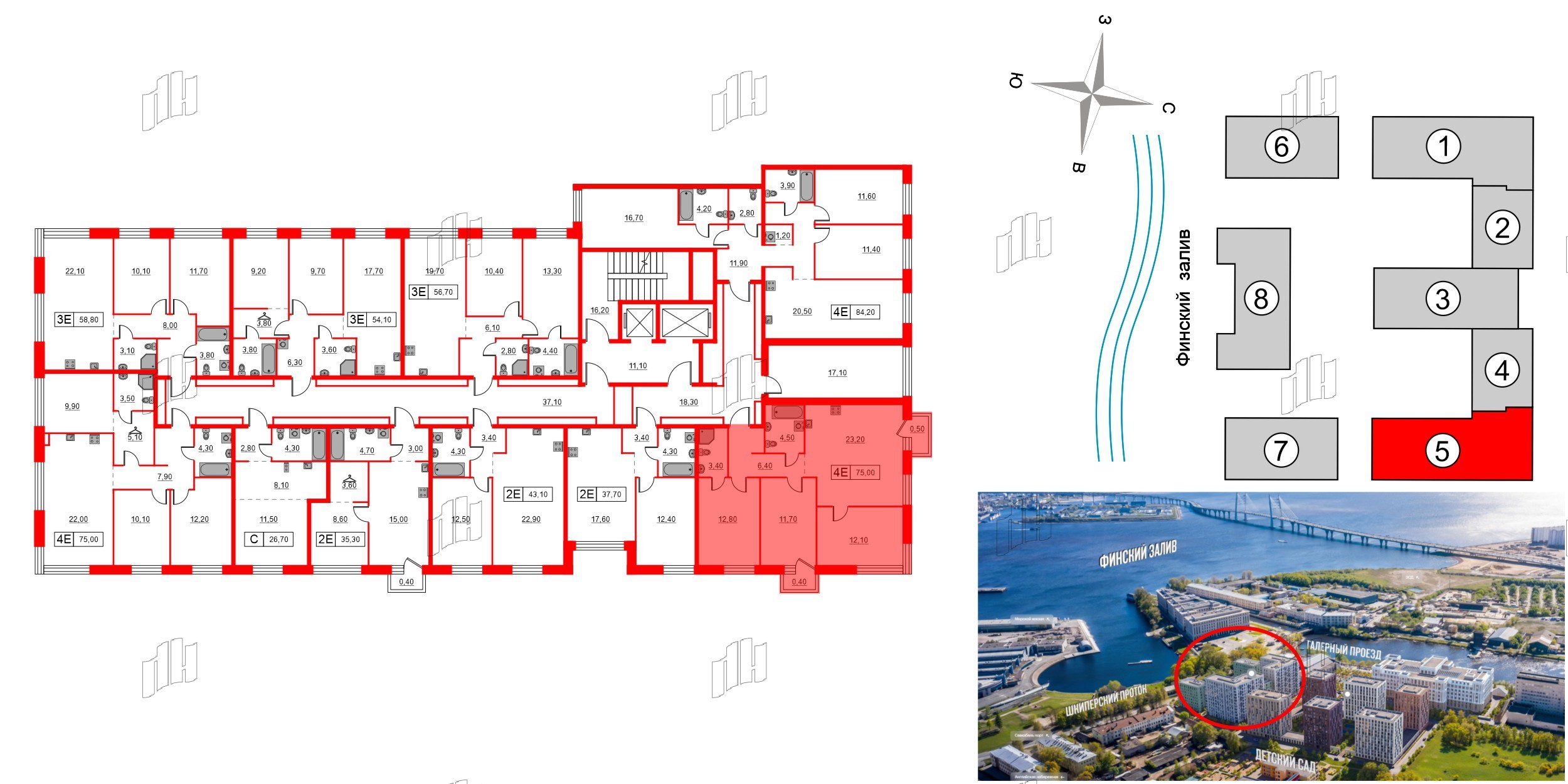 Квартира в ЖК Шкиперский, 19, 3 комнатная, 75 м², 2 этаж