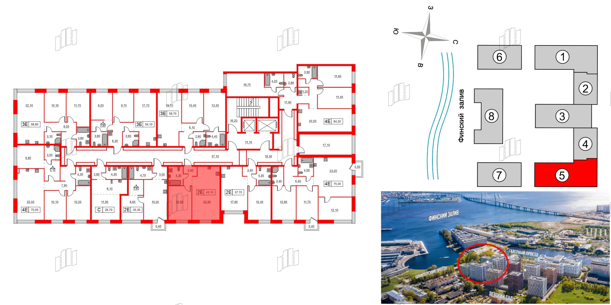 Квартира в ЖК Шкиперский, 19, 1 комнатная, 43.1 м², 10 этаж