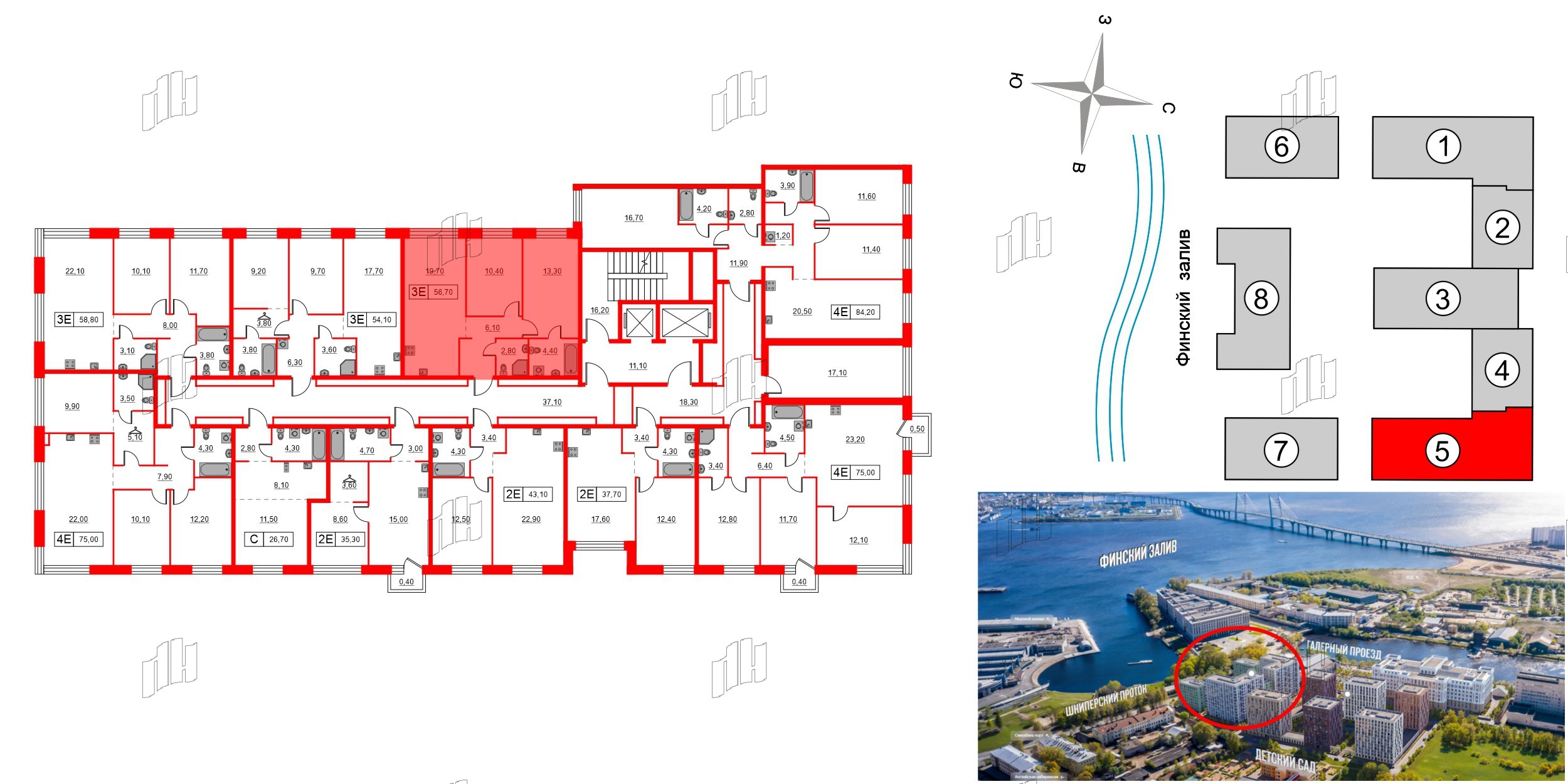 Квартира в ЖК Шкиперский, 19, 2 комнатная, 56.7 м², 8 этаж