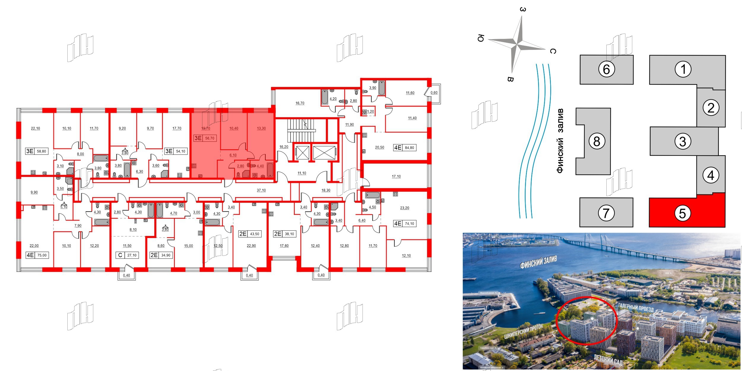 Квартира в ЖК Шкиперский, 19, 2 комнатная, 56.7 м², 3 этаж