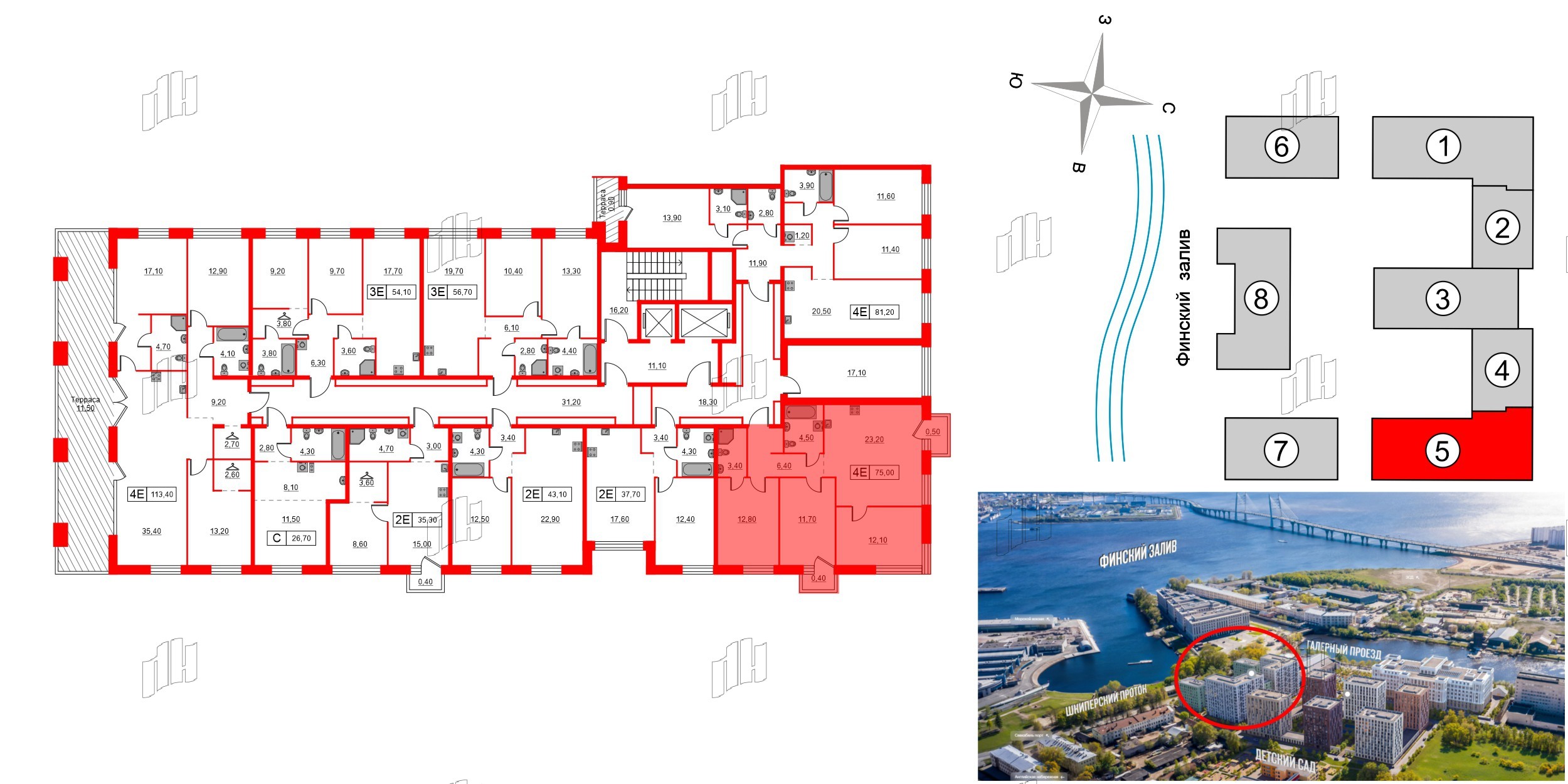 Квартира в ЖК Шкиперский, 19, 3 комнатная, 75 м², 12 этаж