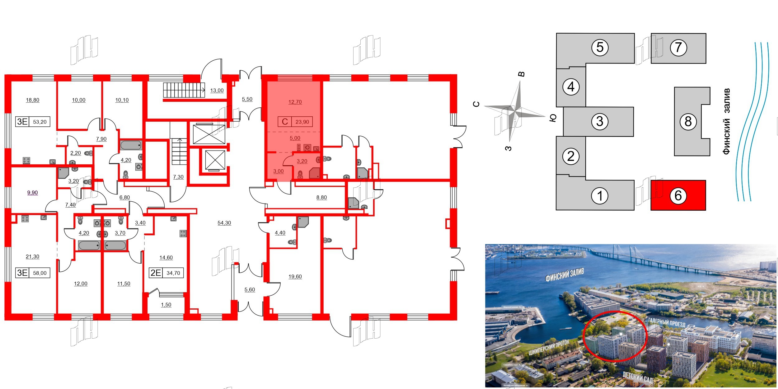 Квартира в ЖК Шкиперский, 19, студия, 23.9 м², 1 этаж