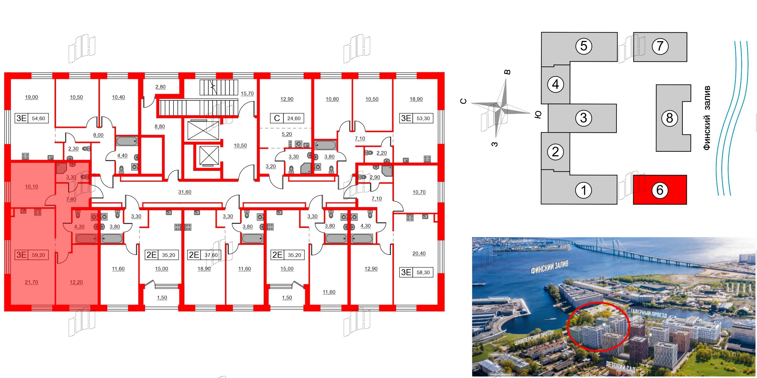 Квартира в ЖК Шкиперский, 19, 2 комнатная, 59.2 м², 2 этаж