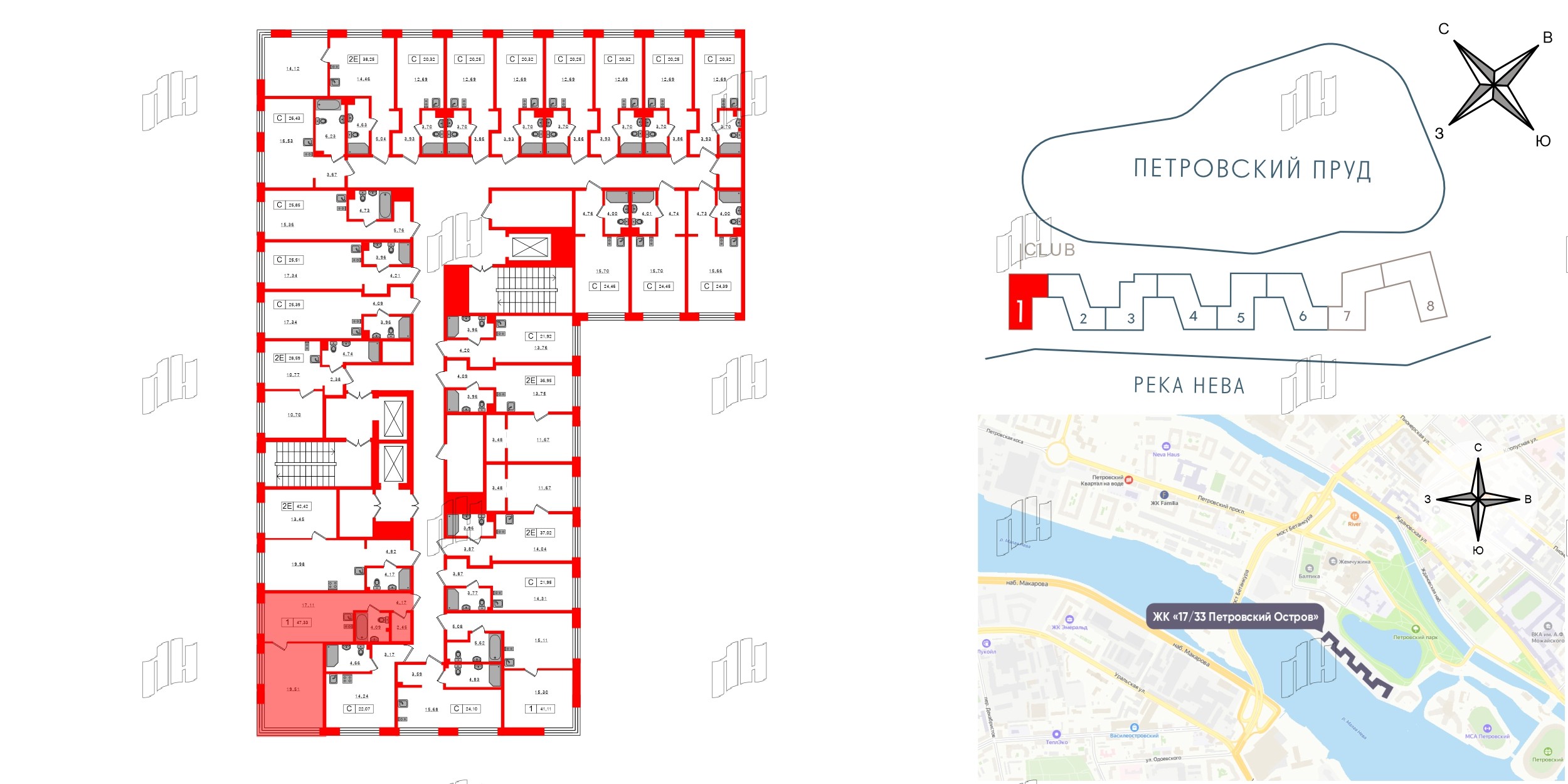 Апартаменты в ЖК 17/33 Петровский Остров, 1 комнатные, 47.33 м², 3 этаж