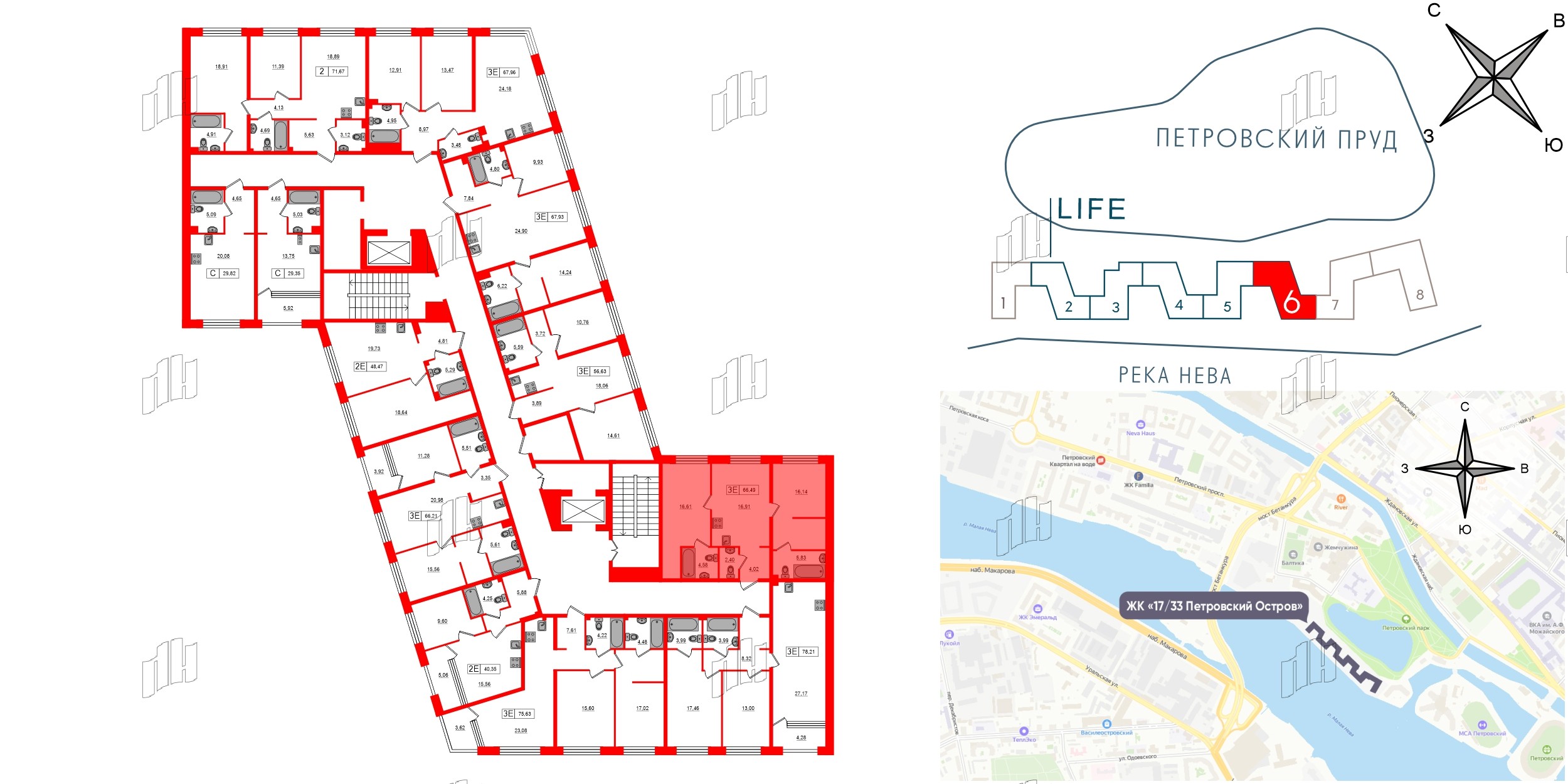 Апартаменты в ЖК 17/33 Петровский Остров, 2 комнатные, 66.49 м², 2 этаж