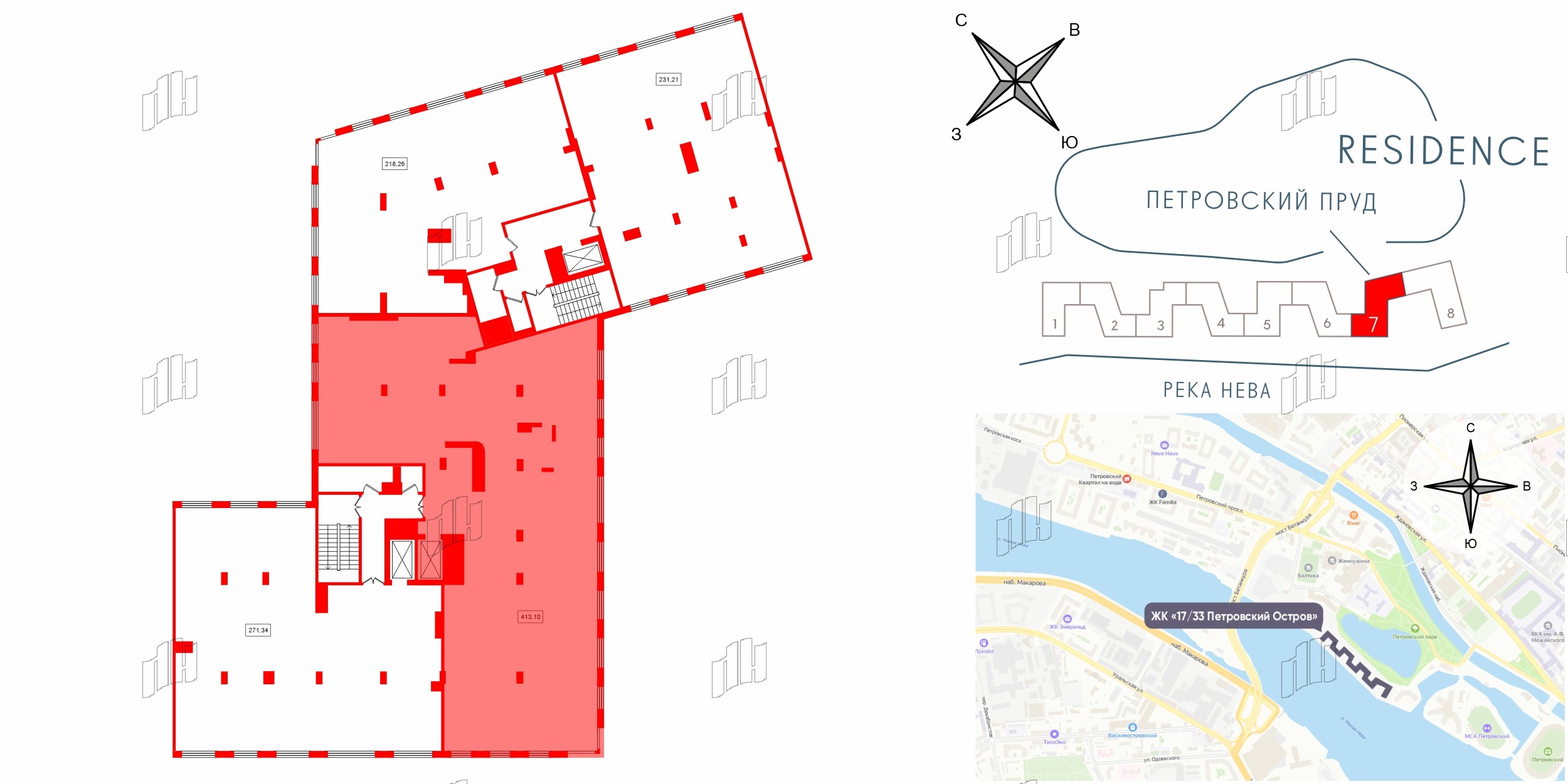 Апартаменты в ЖК 17/33 Петровский Остров, 1 комнатные, 413.1 м², 5 этаж