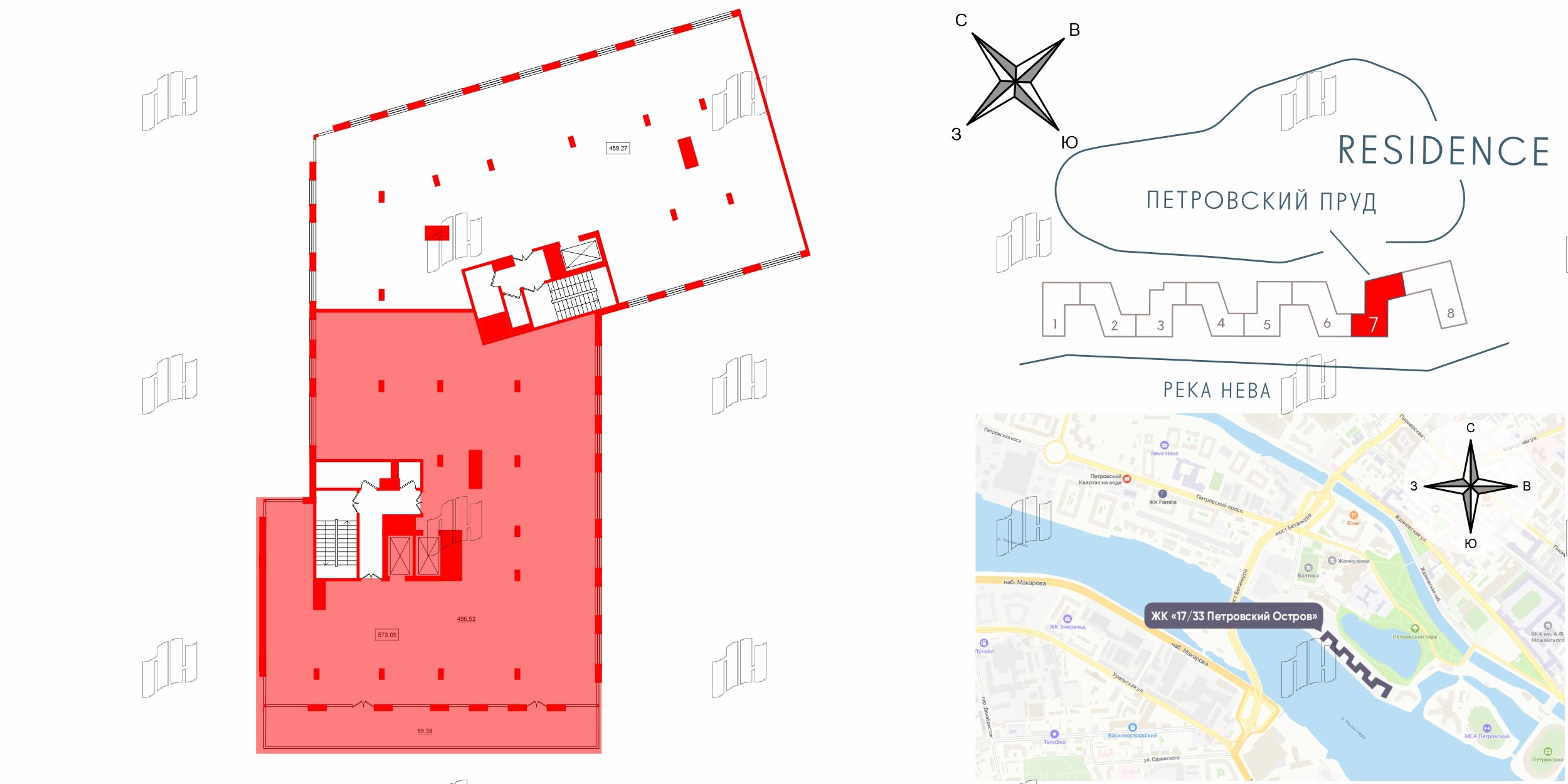 Апартаменты в ЖК 17/33 Петровский Остров, 1 комнатные, 573.09 м², 7 этаж