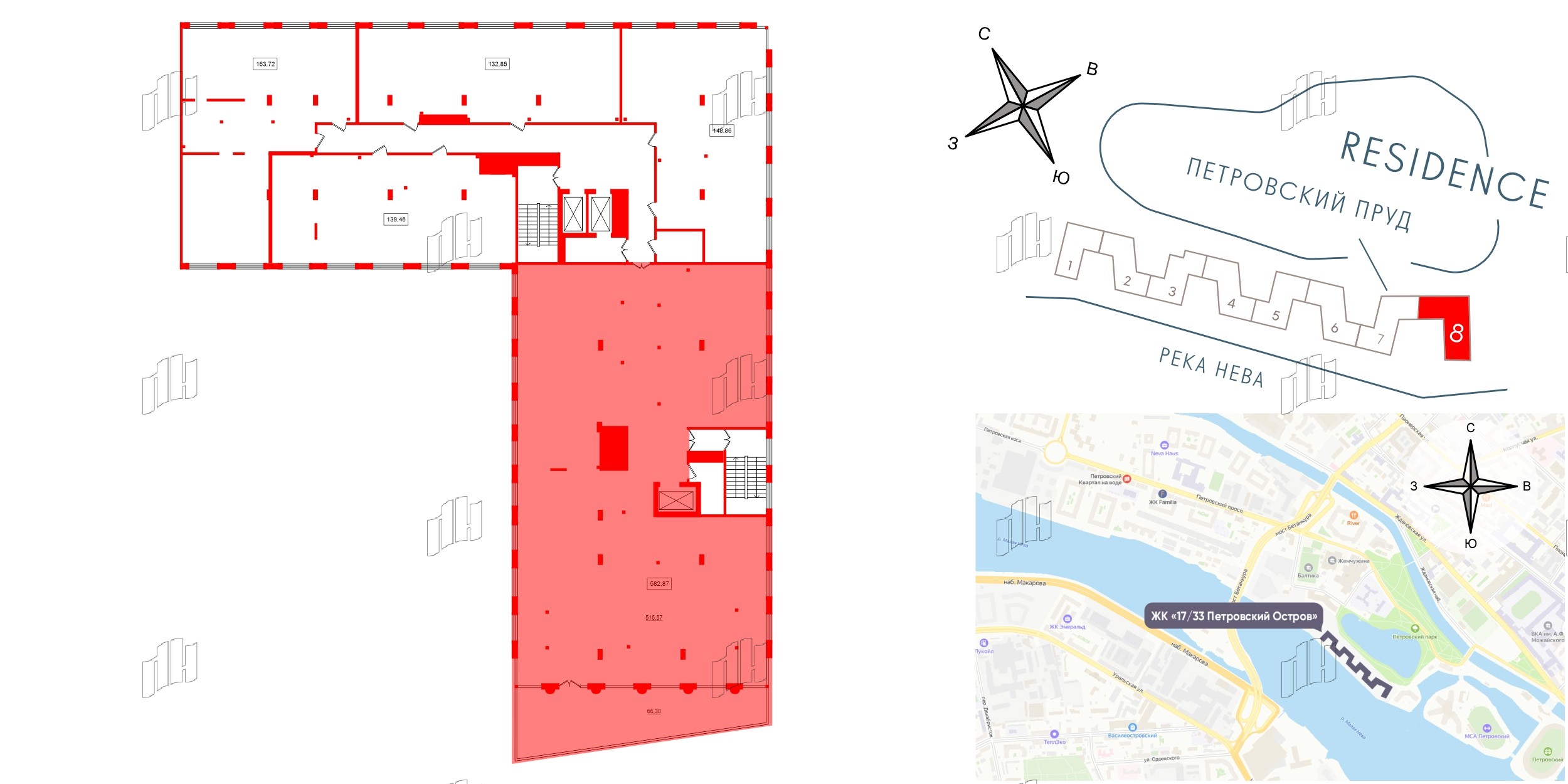 Апартаменты в ЖК 17/33 Петровский Остров, 1 комнатные, 582.87 м², 7 этаж