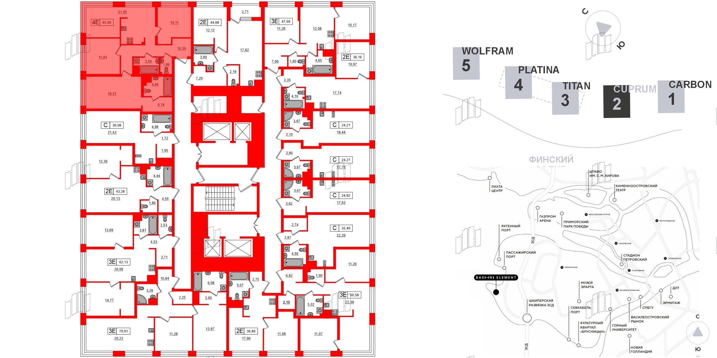 Квартира в ЖК Bashni Element , 3 комнатная, 83.06 м², 15 этаж