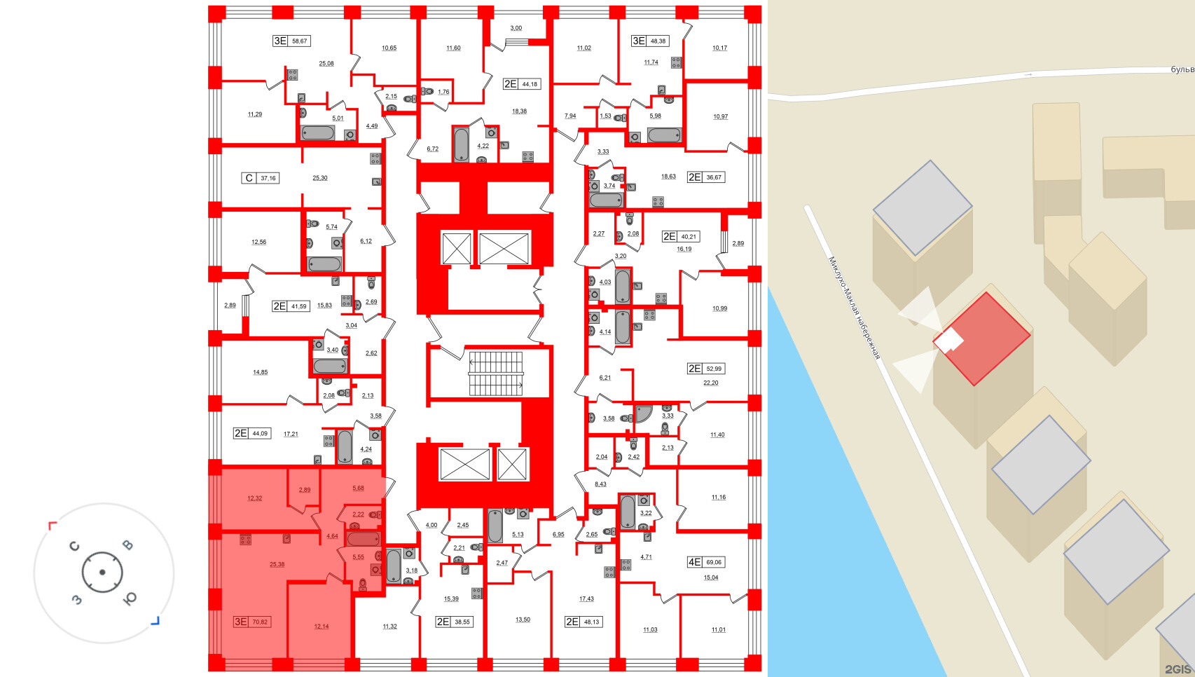 Квартира в ЖК Bashni Element , 2 комнатная, 48.38 м², 3 этаж