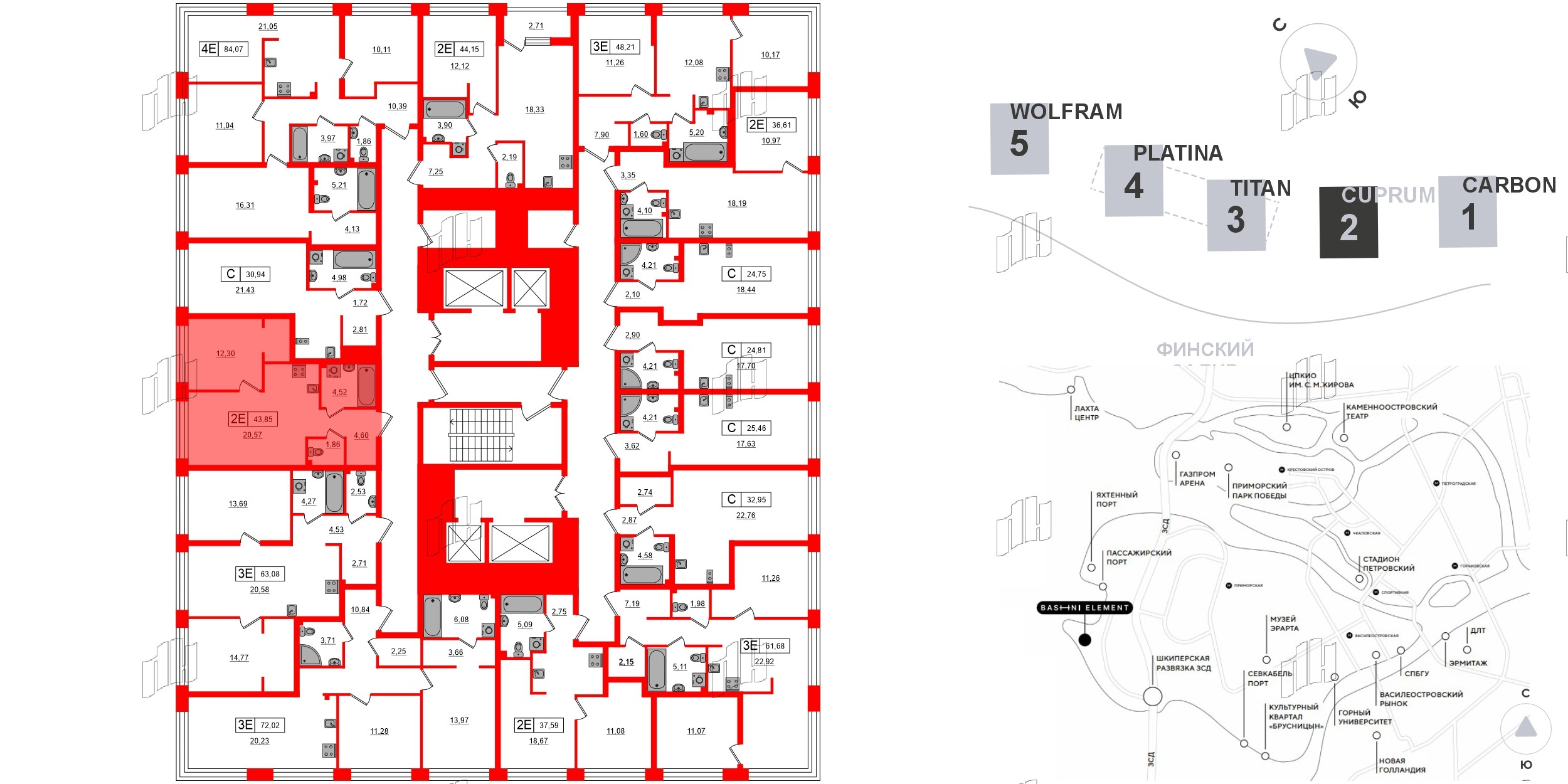 Квартира в ЖК Bashni Element , 1 комнатная, 43.85 м², 3 этаж