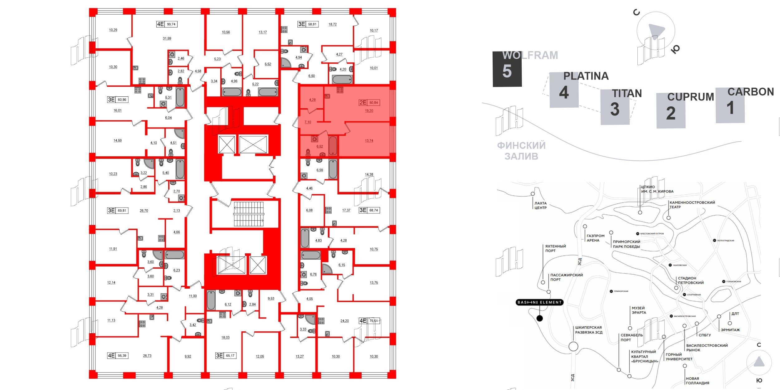 Квартира в ЖК «Башни Элемент», 1 комнатная, 50.84 м², 3 этаж
