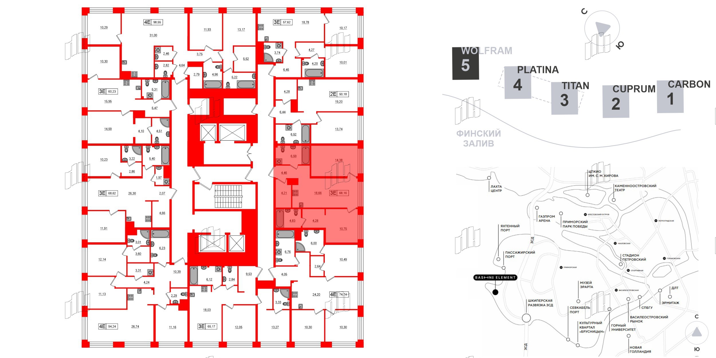 Квартира в ЖК Bashni Element , 2 комнатная, 68.16 м², 14 этаж