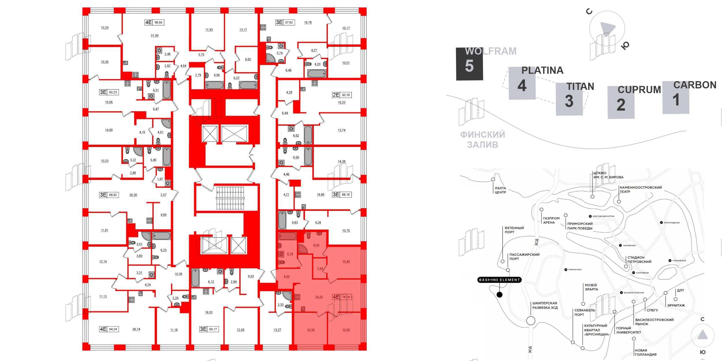 Квартира в ЖК Bashni Element , 3 комнатная, 74.74 м², 11 этаж