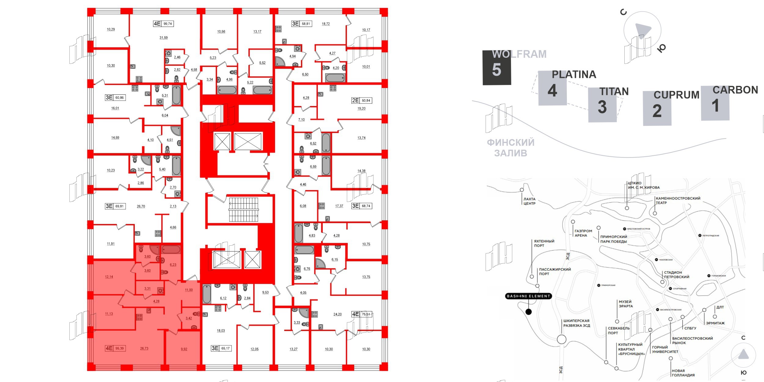 Квартира в ЖК Bashni Element , 3 комнатная, 95.39 м², 3 этаж