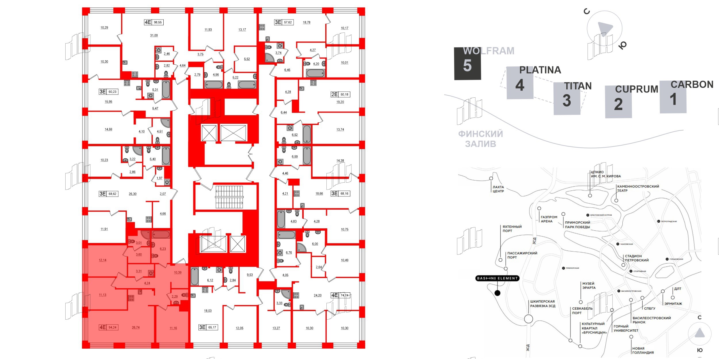 Квартира в ЖК Bashni Element , 3 комнатная, 94.24 м², 6 этаж
