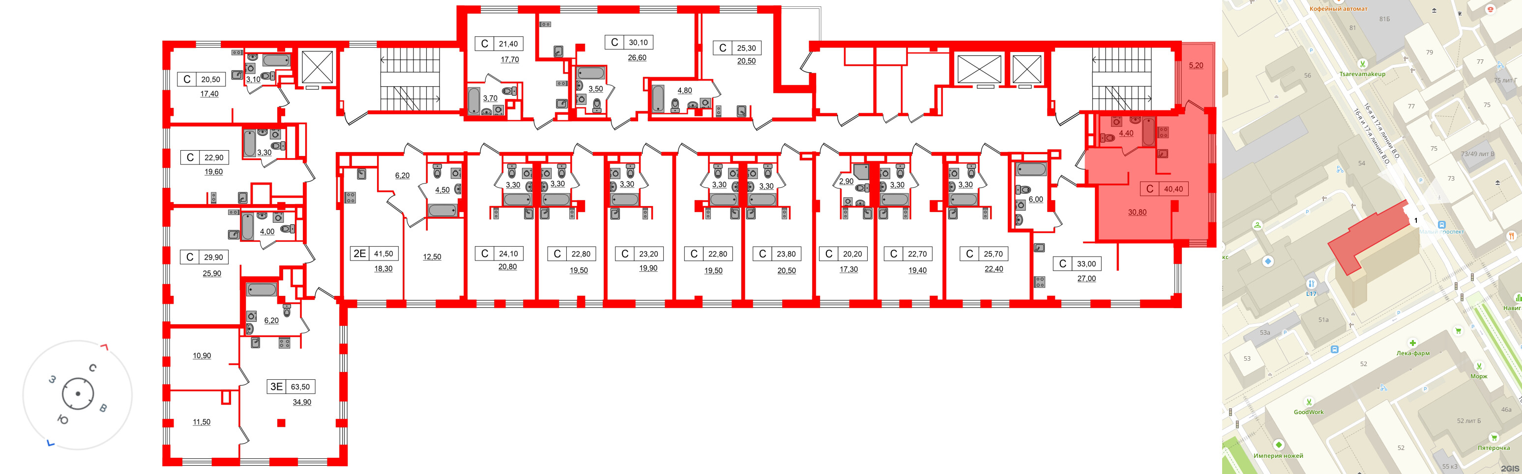 Апартаменты в ЖК Апартаменты «Глер», студия, 40.4 м², 3 этаж