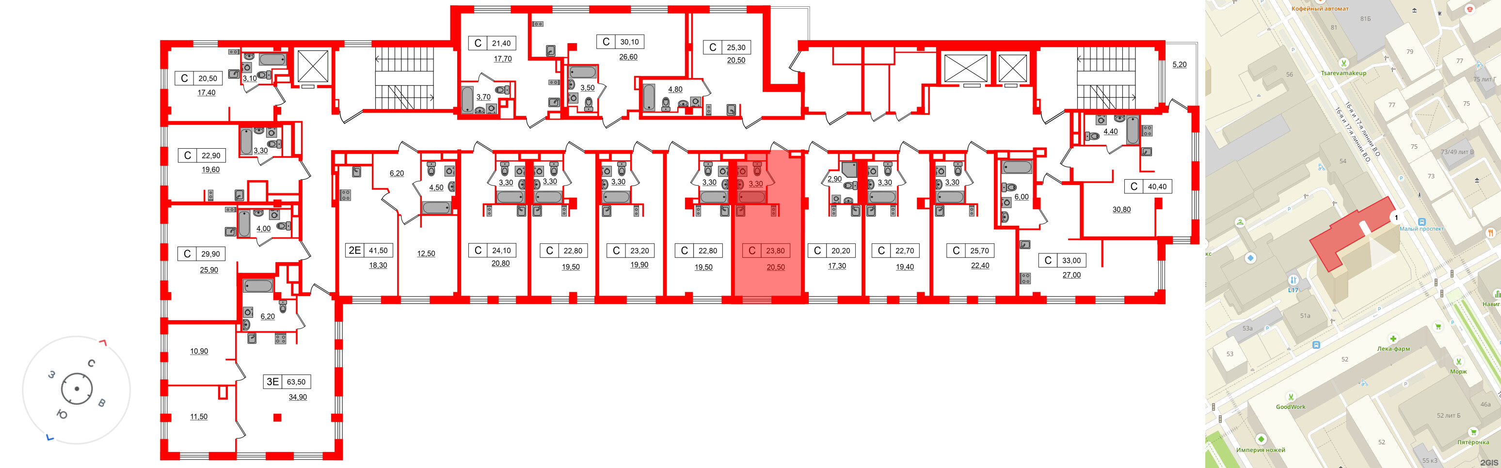 Апартаменты в ЖК Апартаменты «Глер», студия, 23.8 м², 3 этаж