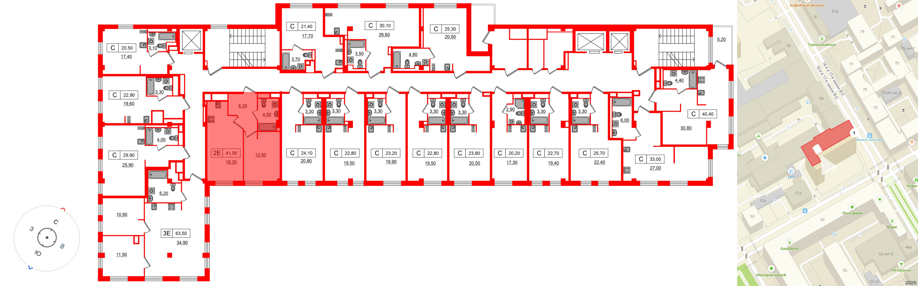 Апартаменты в ЖК Апартаменты «Глер», 1 комнатные, 41.5 м², 4 этаж