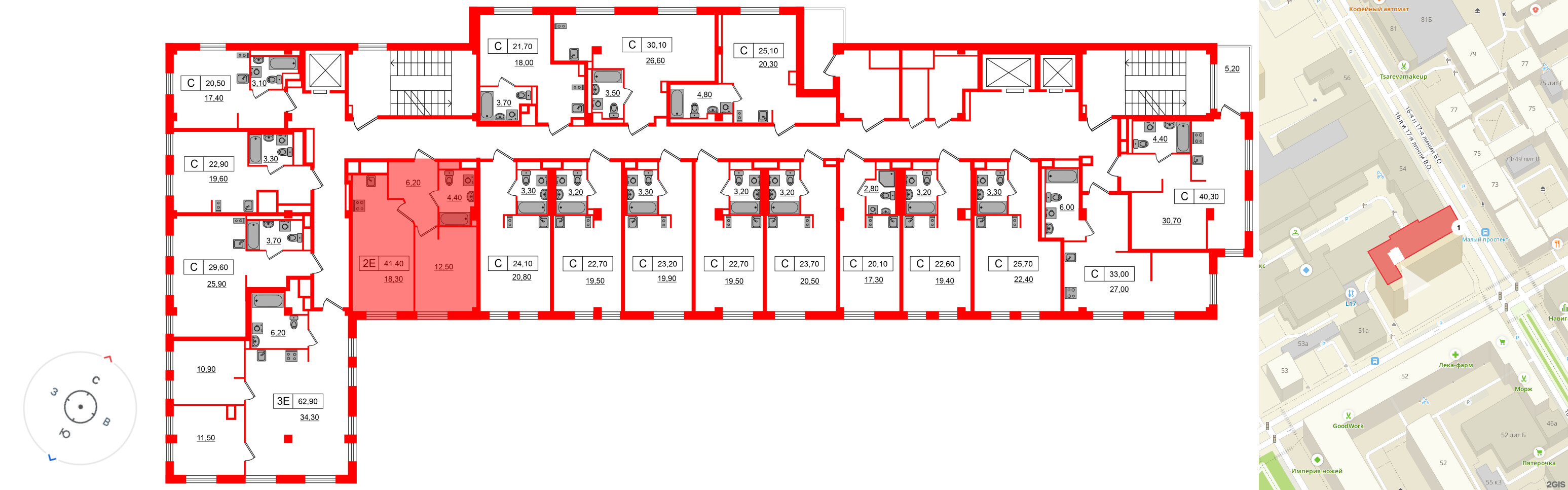 Апартаменты в ЖК Апартаменты «Глер», 1 комнатные, 41.4 м², 6 этаж
