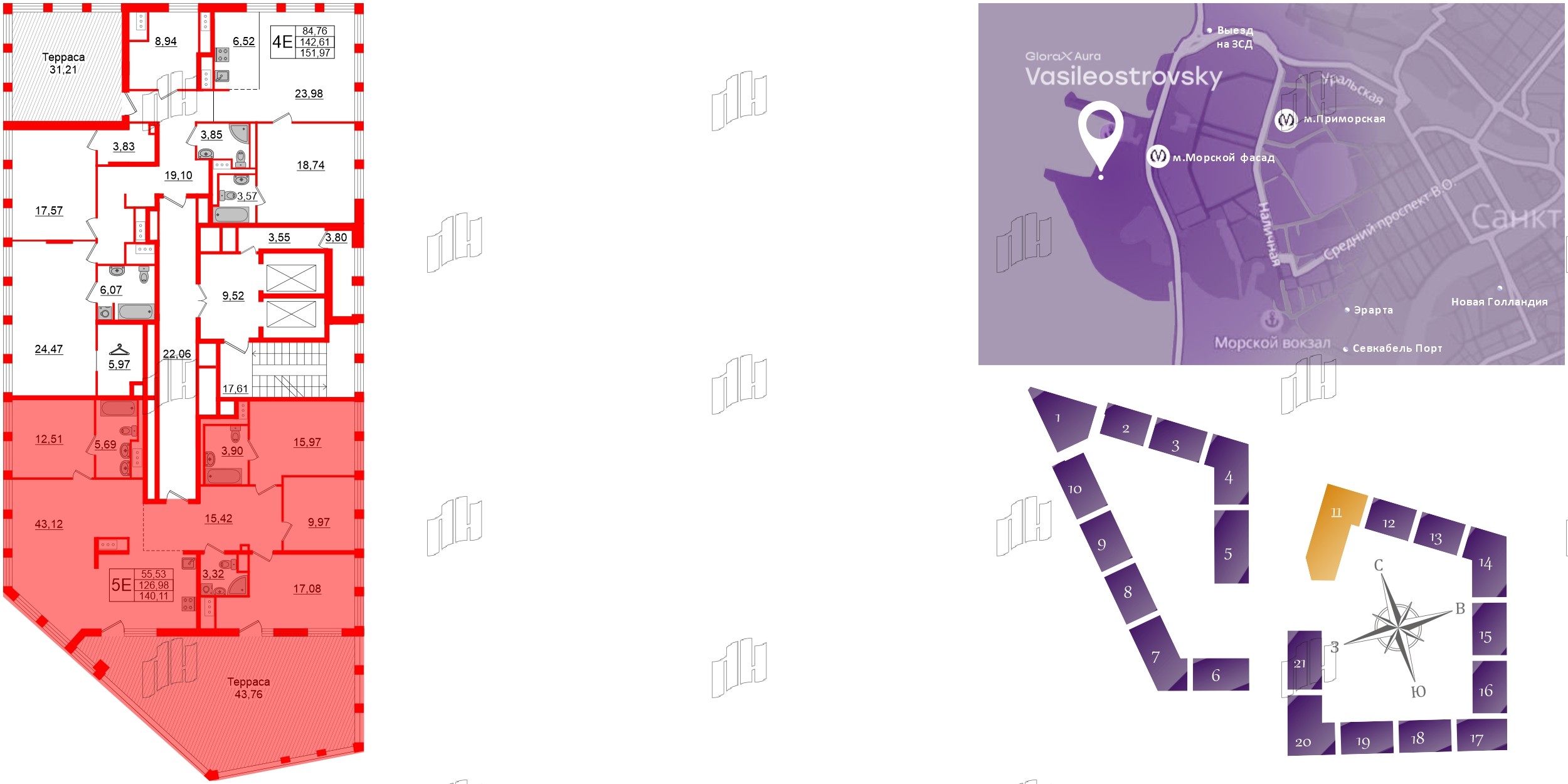 Квартира в ЖК Glorax Premium Василеостровский, 4 комнатная, 140.11 м², 19 этаж