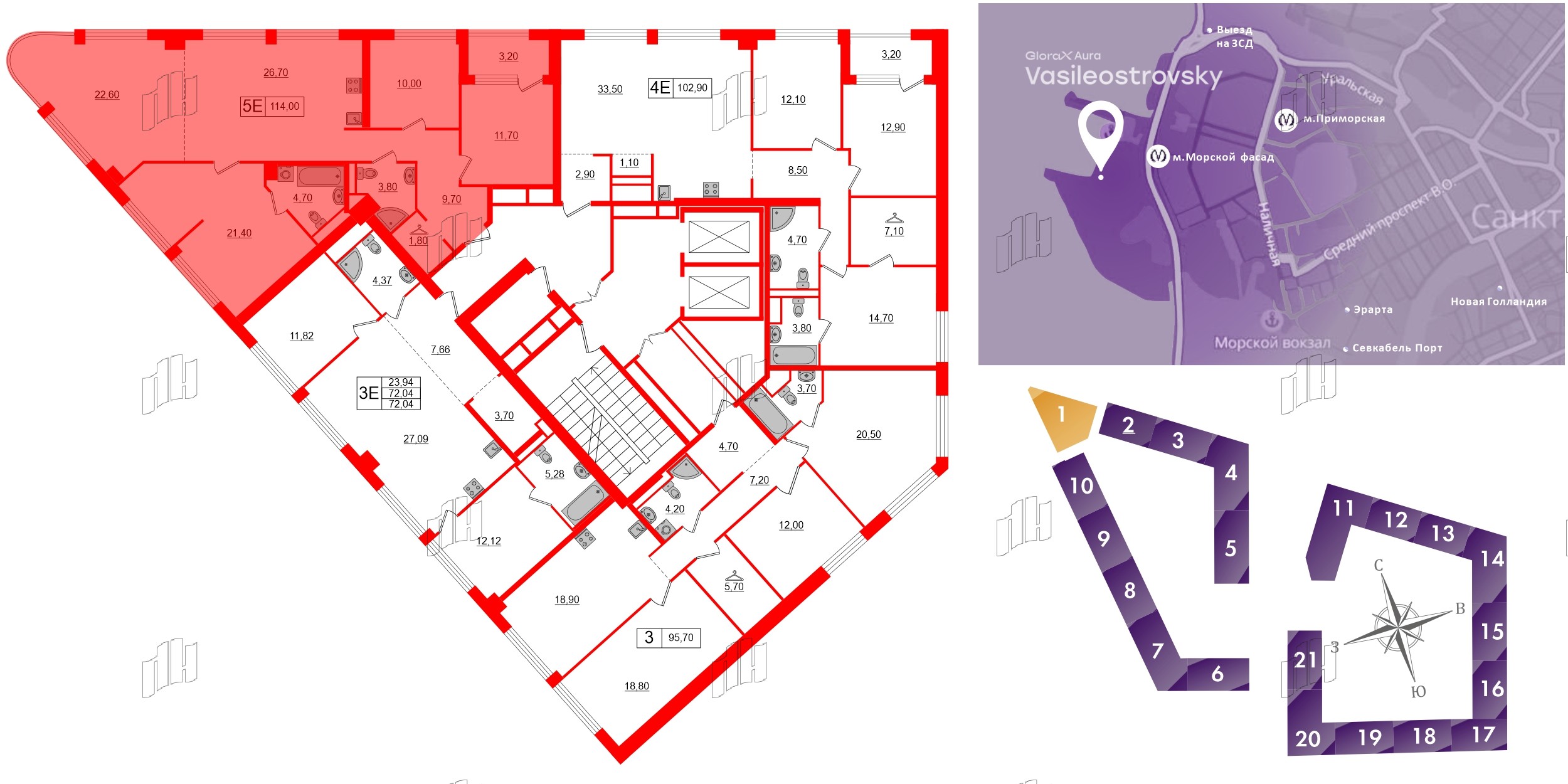 Квартира в ЖК Glorax Premium Василеостровский, 4 комнатная, 114 м², 3 этаж