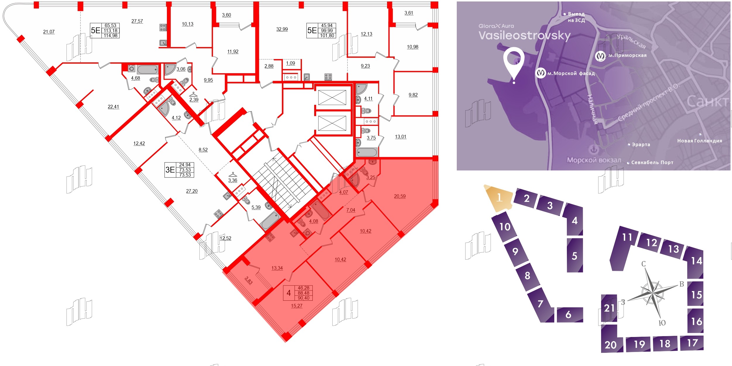 Квартира в ЖК Glorax Premium Василеостровский, 4 комнатная, 90.4 м², 18 этаж