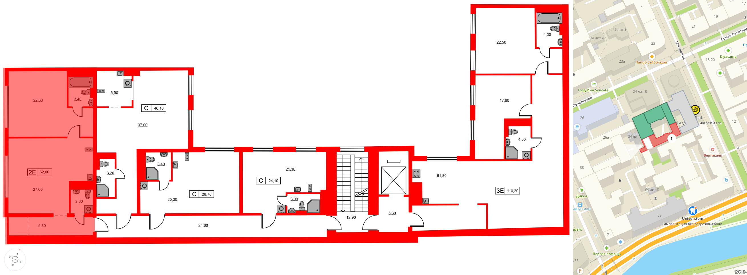 Апартаменты в ЖК Hovard Club, 1 комнатные, 62 м², 6 этаж