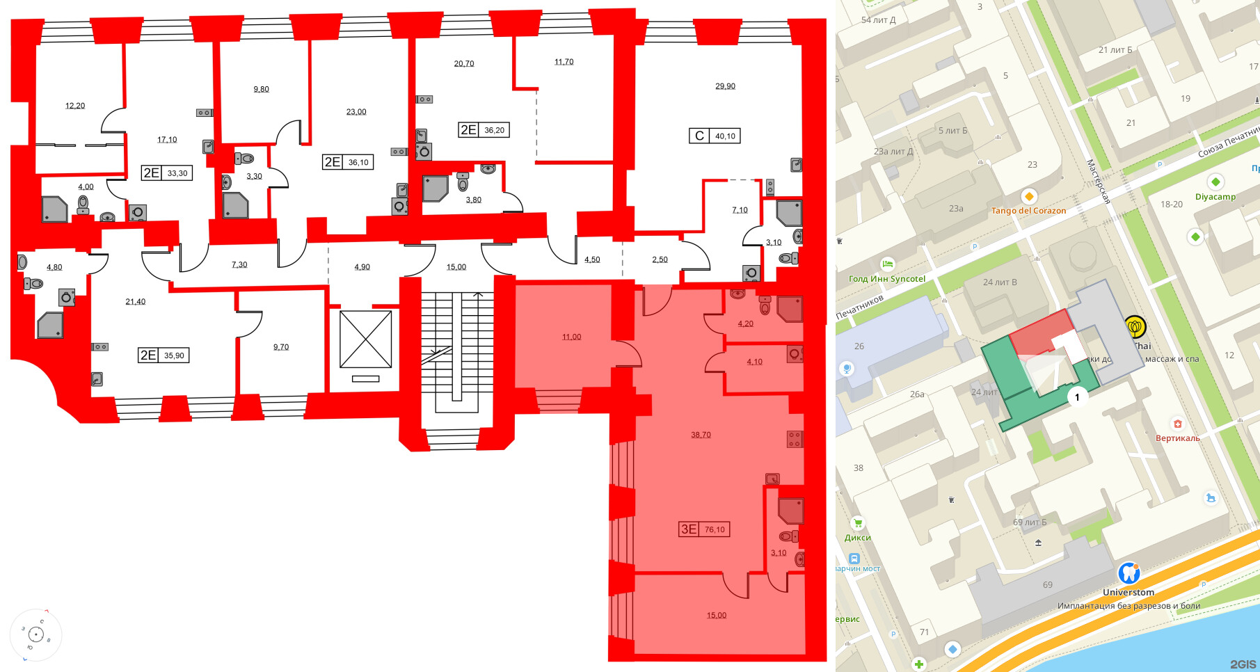 Апартаменты в ЖК Hovard Club, 1 комнатные, 76.1 м², 2 этаж