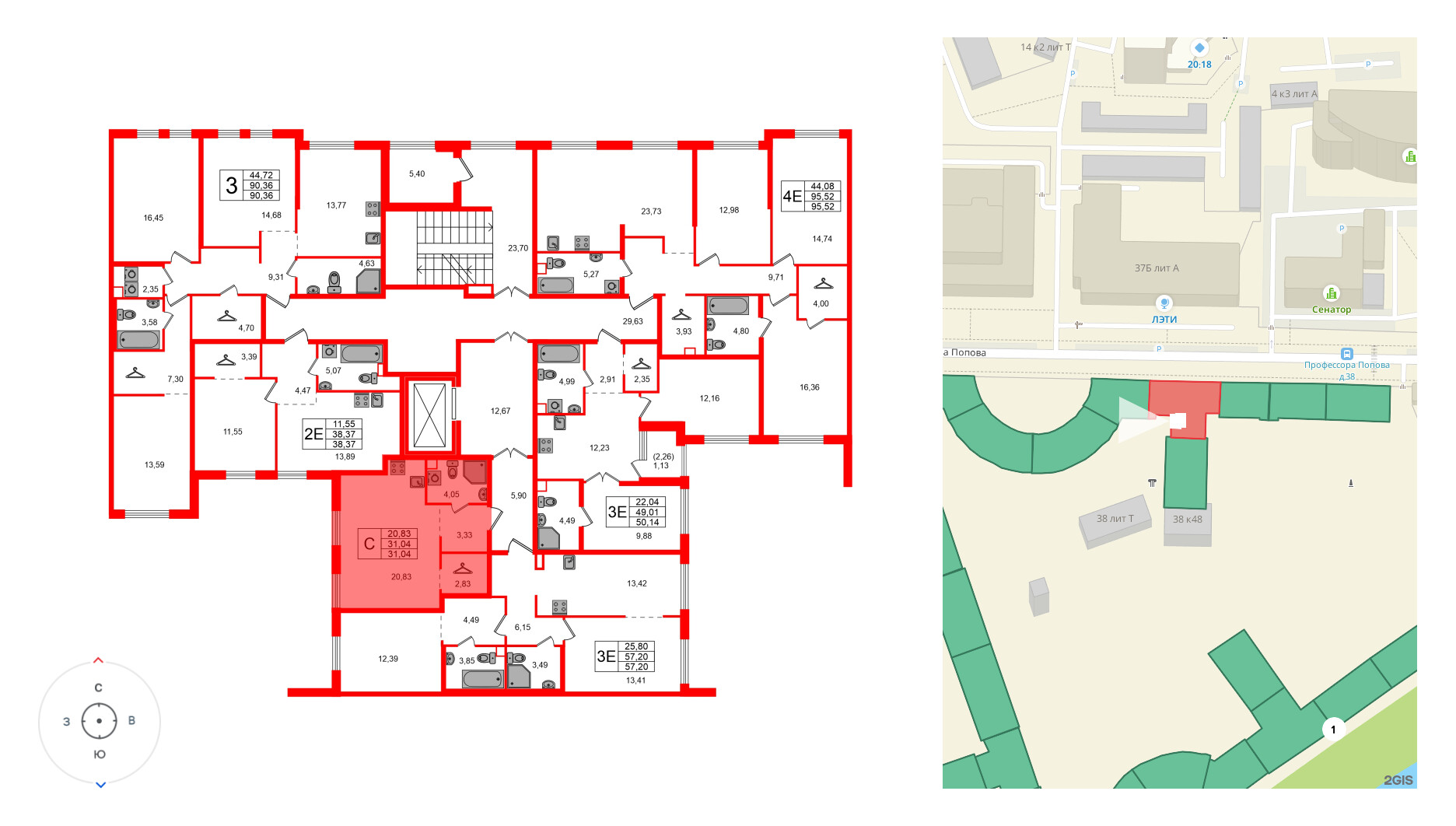 Квартира в ЖК ID Петроградская, 1 комнатная, 42.03 м², 2 этаж
