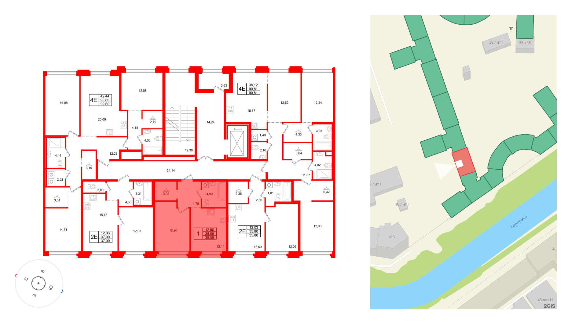 Квартира в ЖК ID Петроградская, 1 комнатная, 38.06 м², 2 этаж