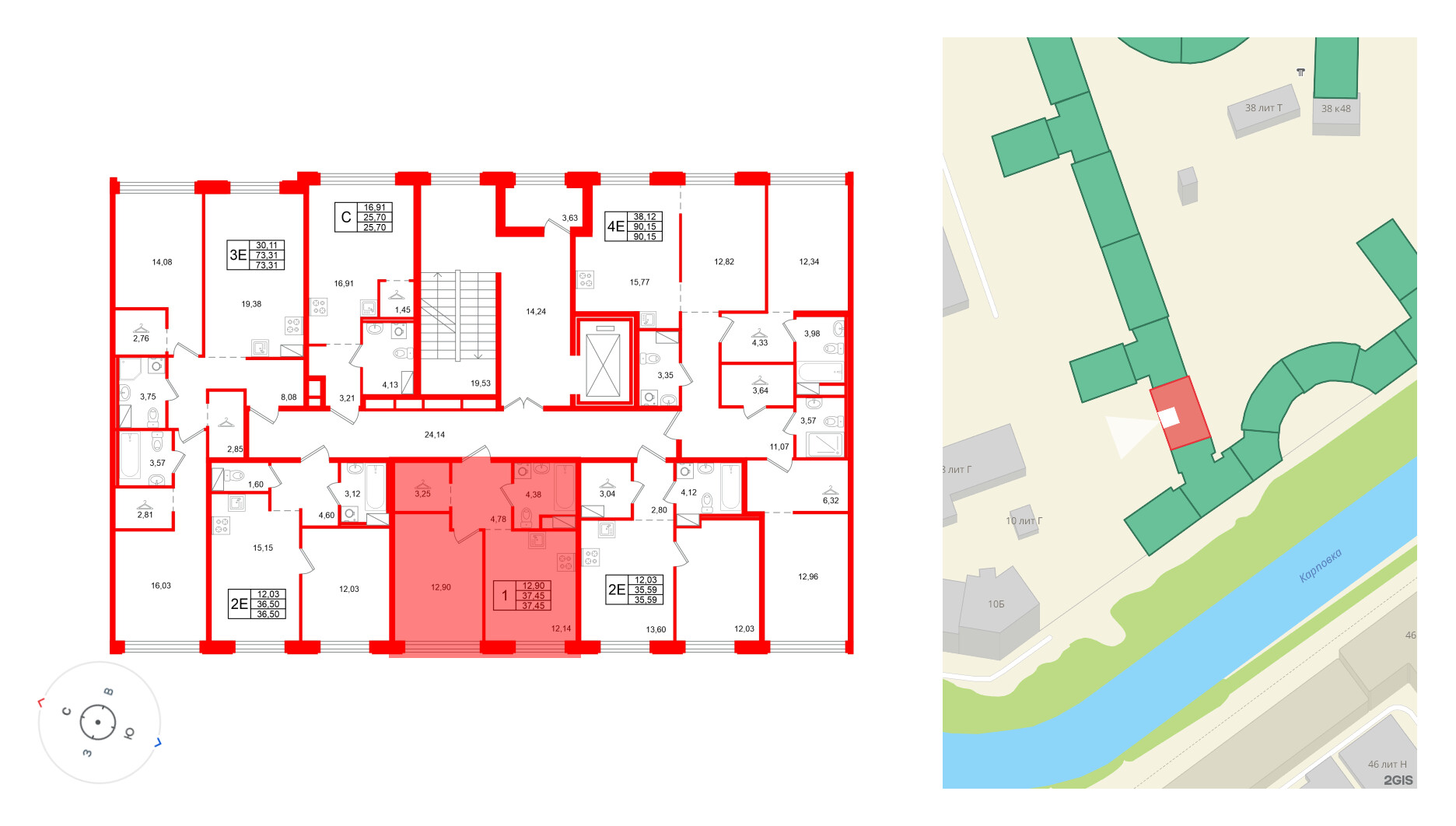 Квартира в ЖК ID Петроградская, 1 комнатная, 37.45 м², 6 этаж