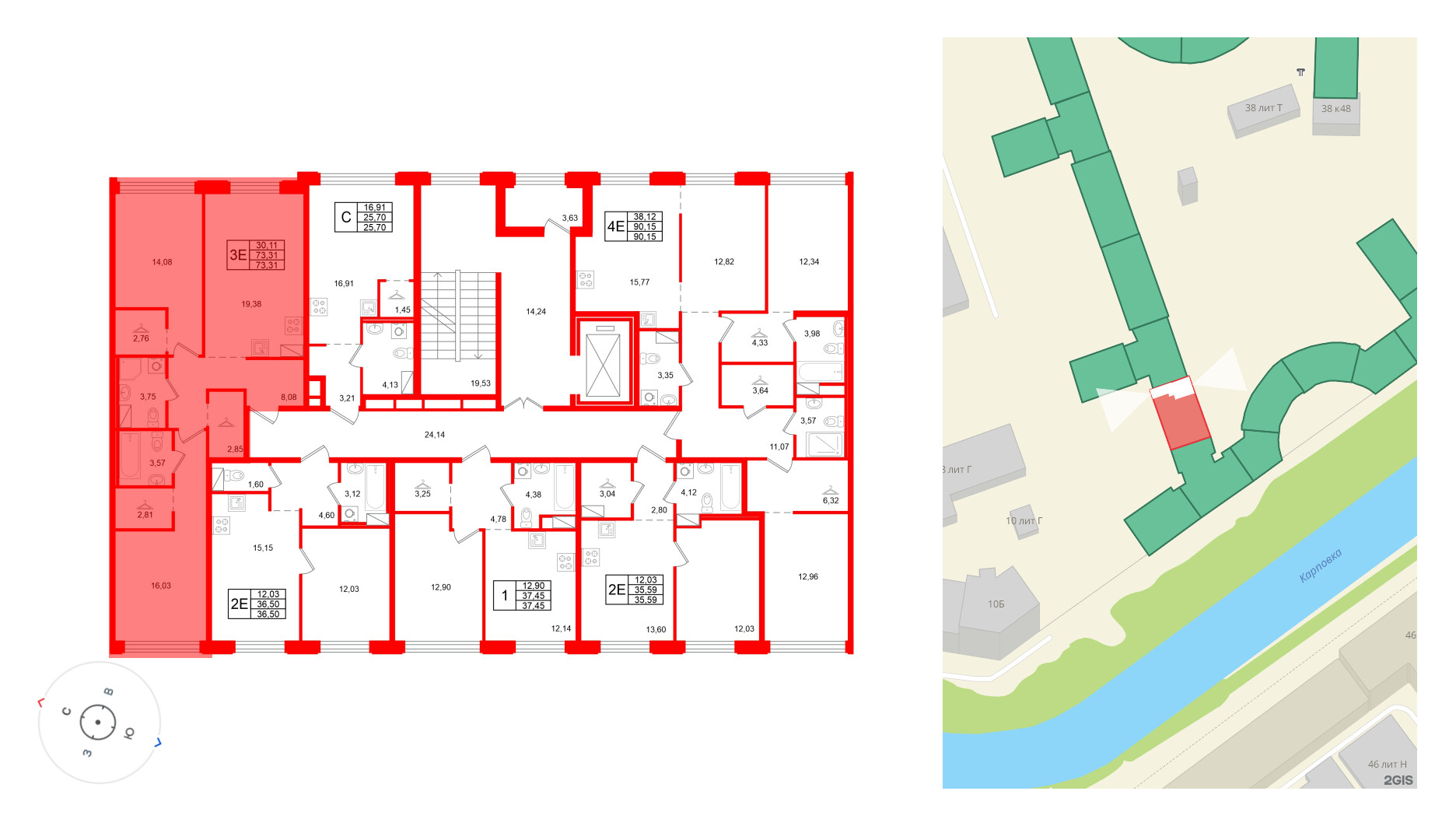 Квартира в ЖК Айди Петроградская, 2 комнатная, 73.31 м², 6 этаж