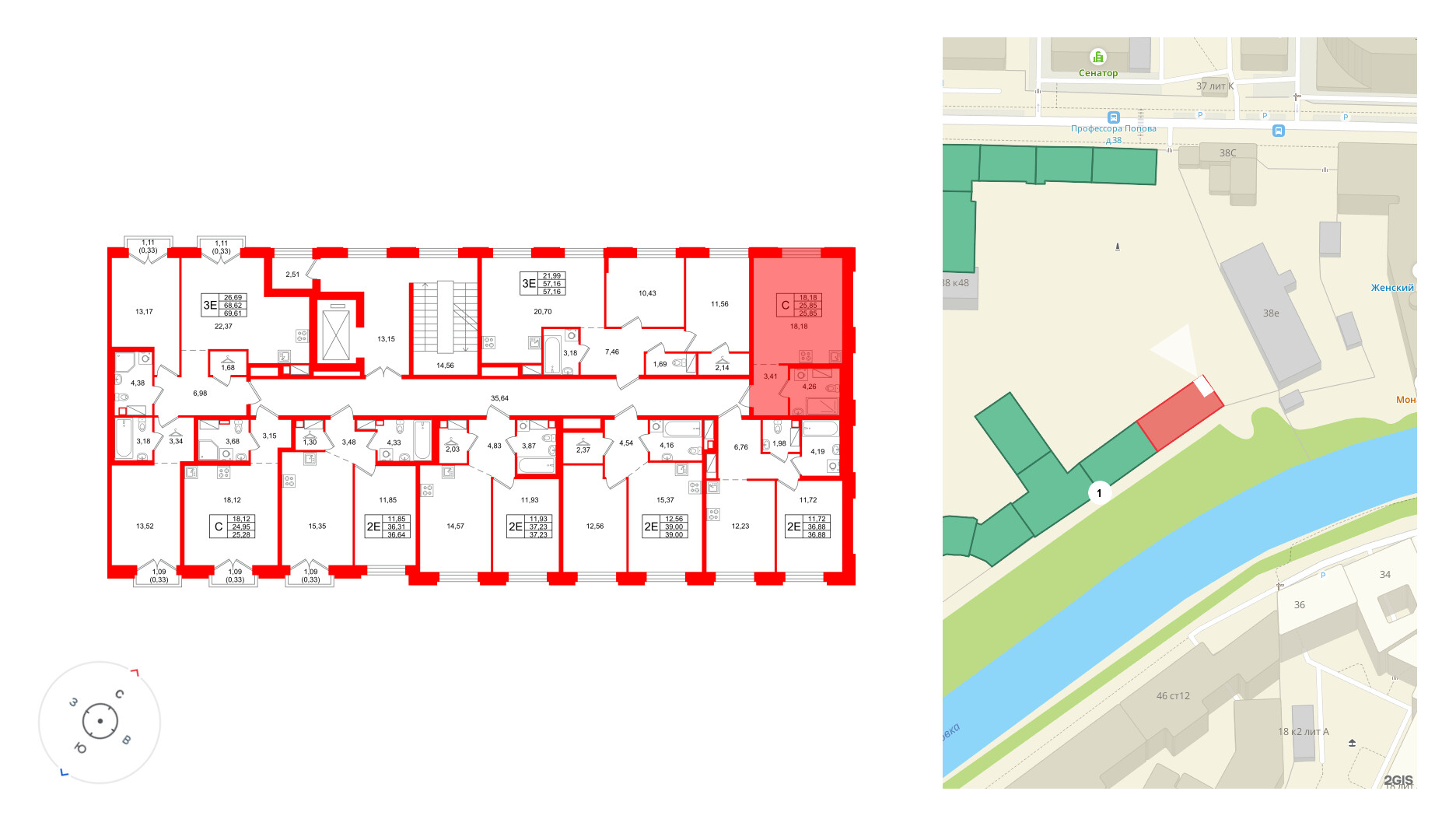 Квартира в ЖК ID Петроградская, 1 комнатная, 37.92 м², 2 этаж