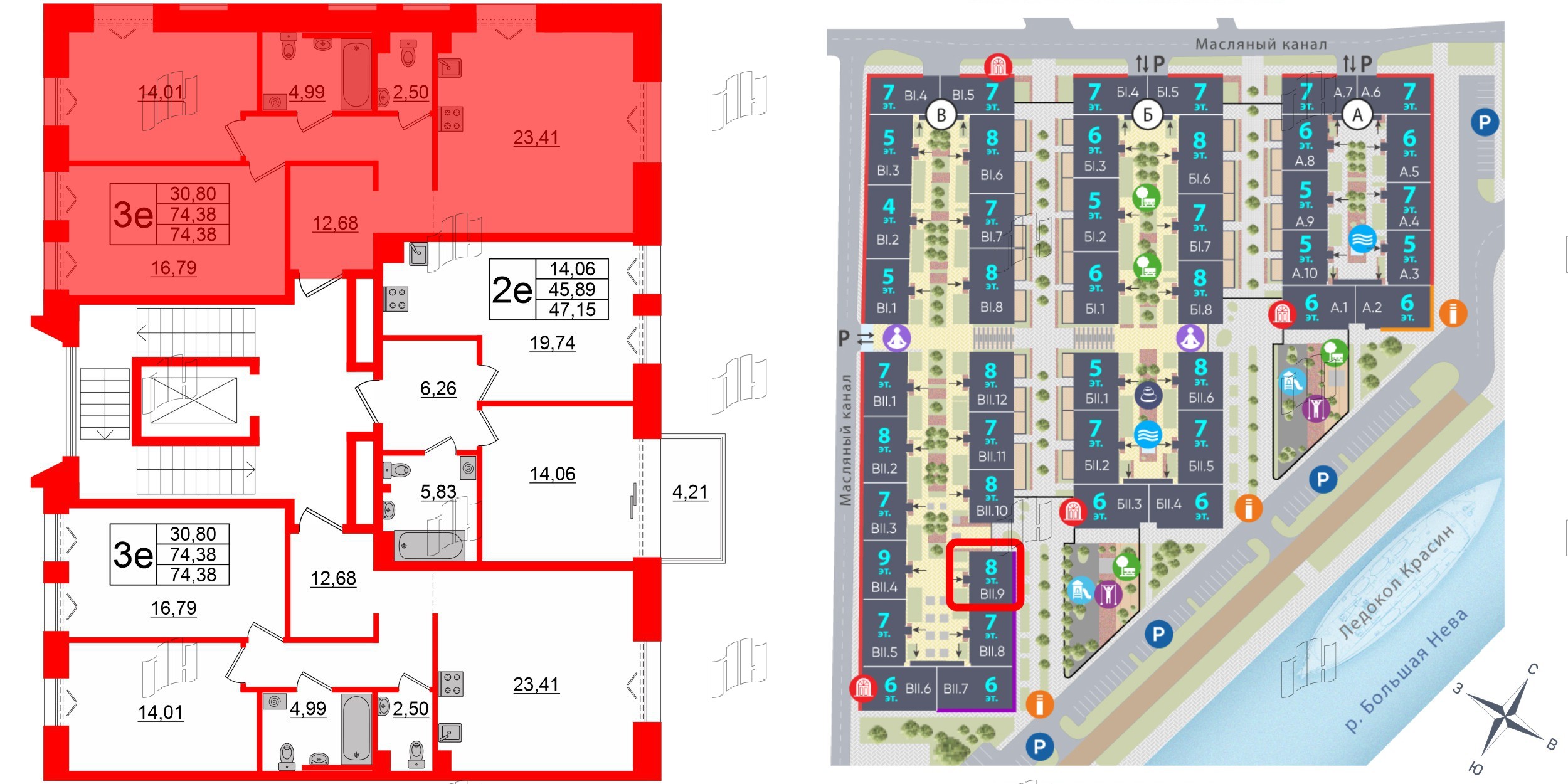 Квартира в ЖК «Империал Клаб», 2 комнатная, 74.38 м², 4 этаж