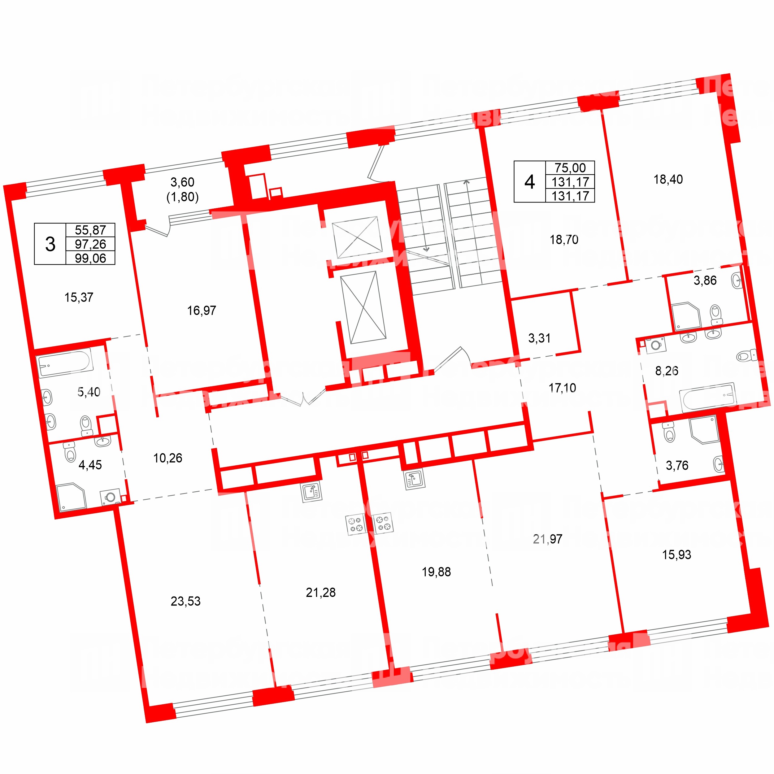 Квартира в ЖК Акватория, 3 комнатная, 99.06 м², 3 этаж