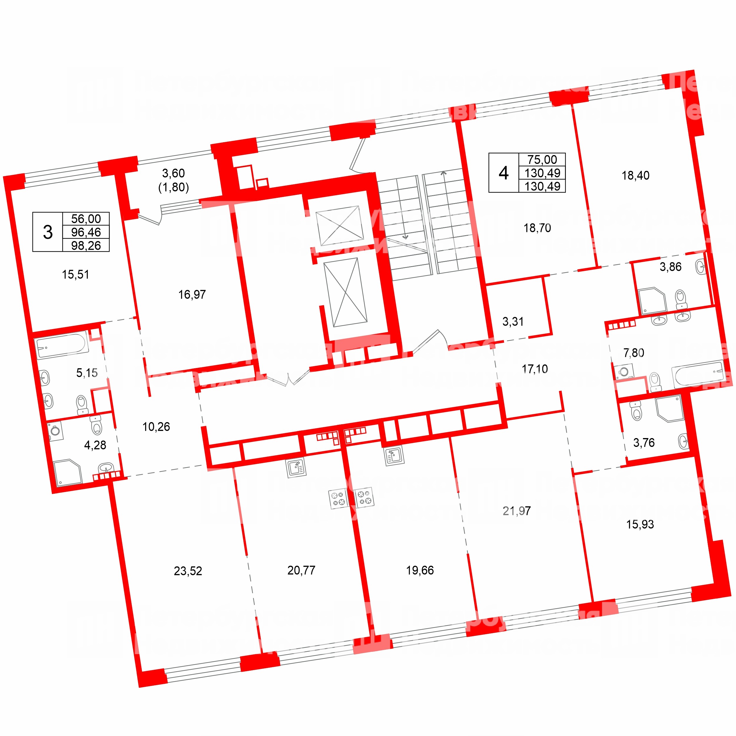Квартира в ЖК Акватория, 4 комнатная, 130.49 м², 7 этаж