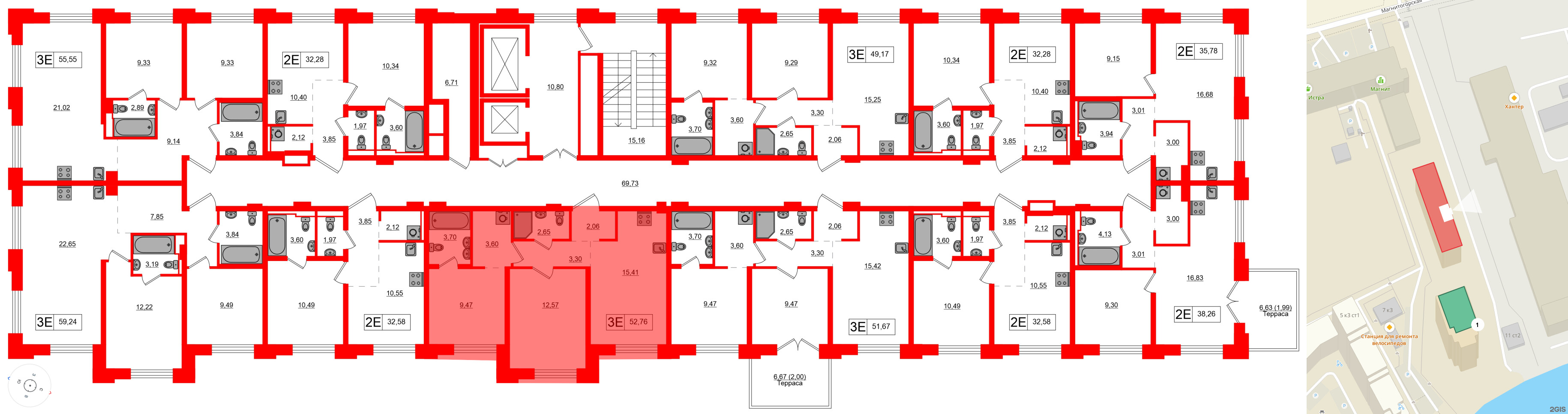 Квартира в ЖК Alpen, 2 комнатная, 52.76 м², 6 этаж