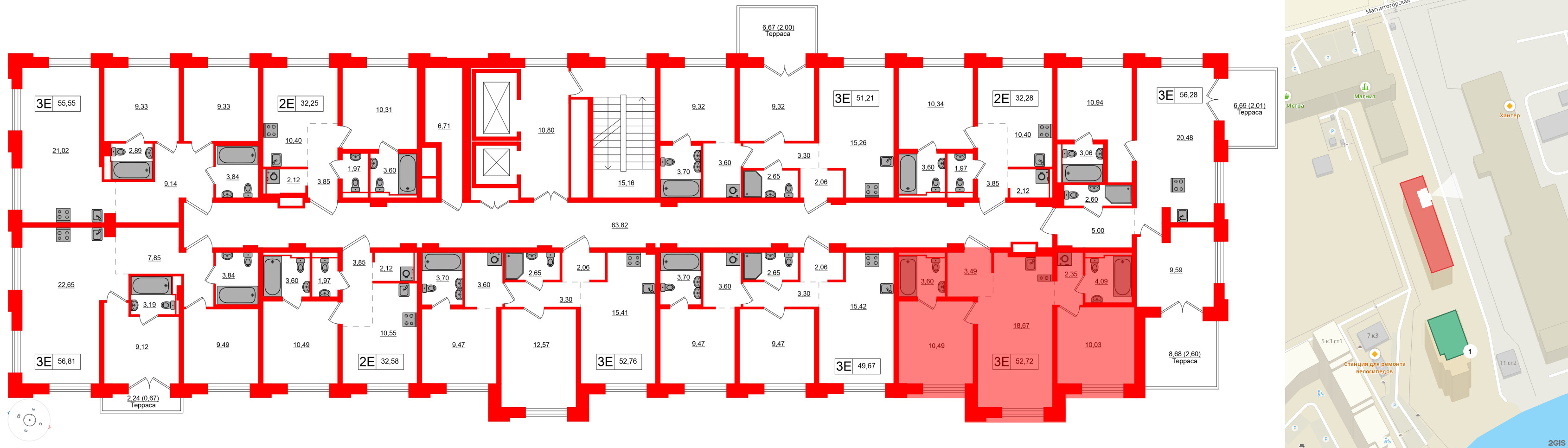 Квартира в ЖК Alpen, 2 комнатная, 52.72 м², 7 этаж